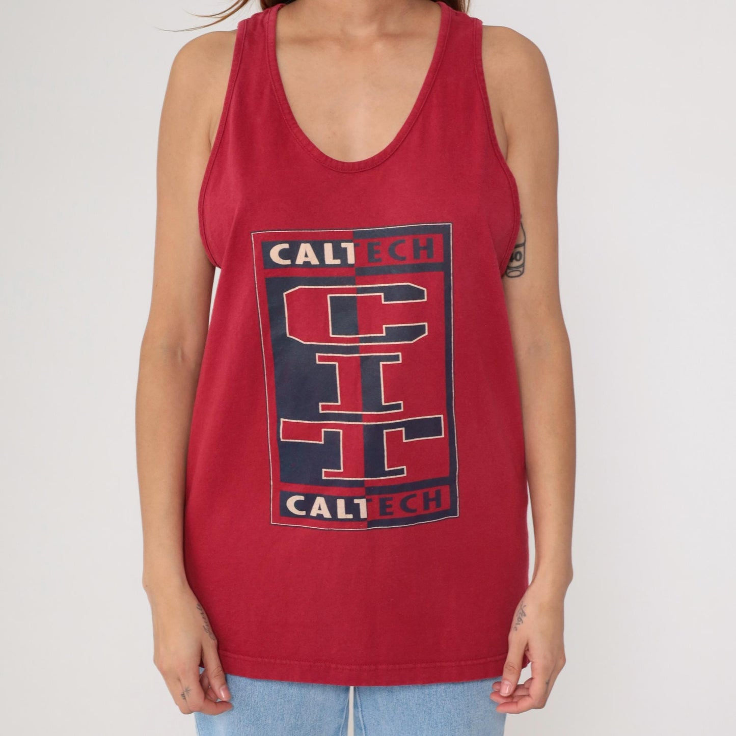 90s Caltech University Tank Top Red Cotton Graphic Racerback Large L
