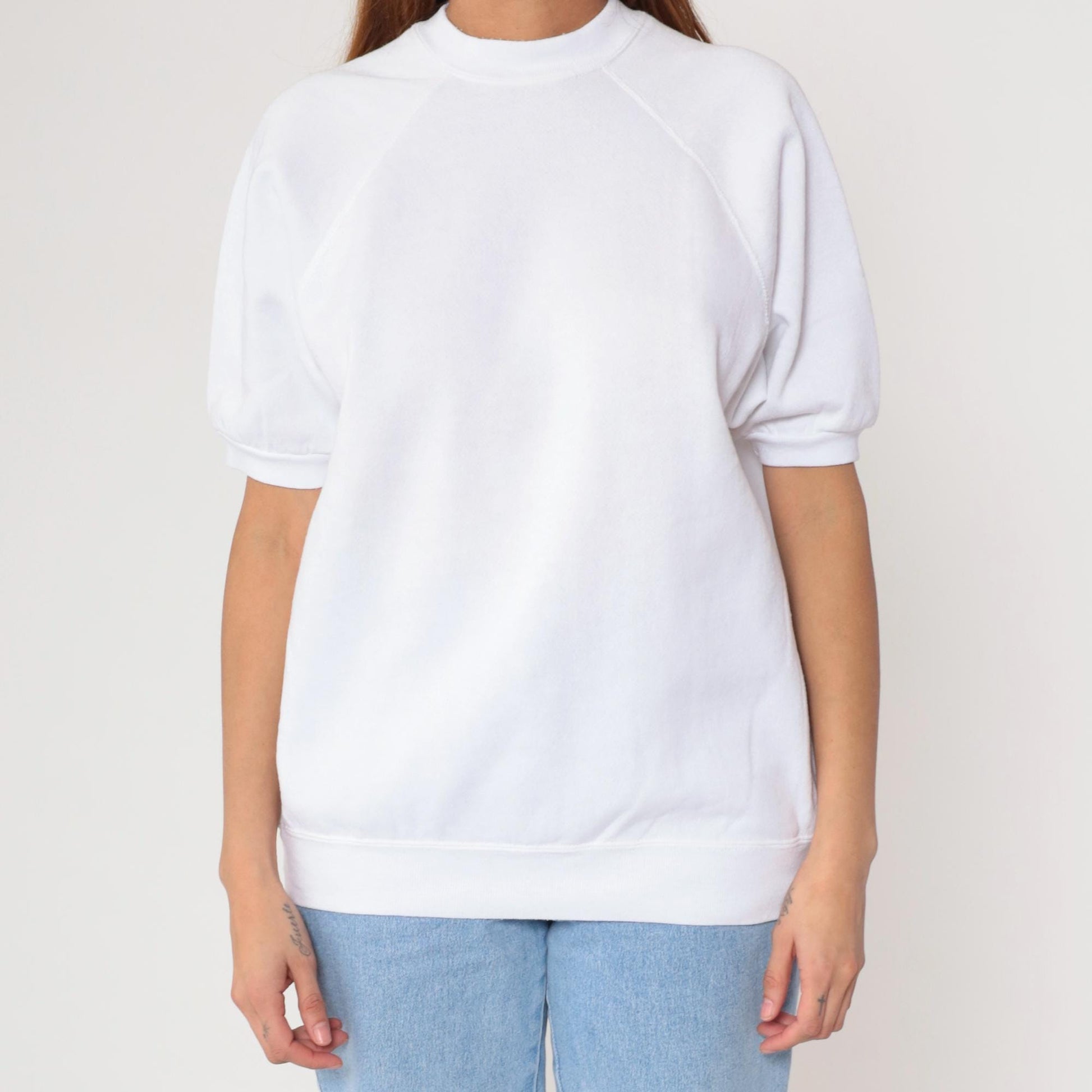 80s White Short Sleeve Sweatshirt Raglan Crewneck Large L