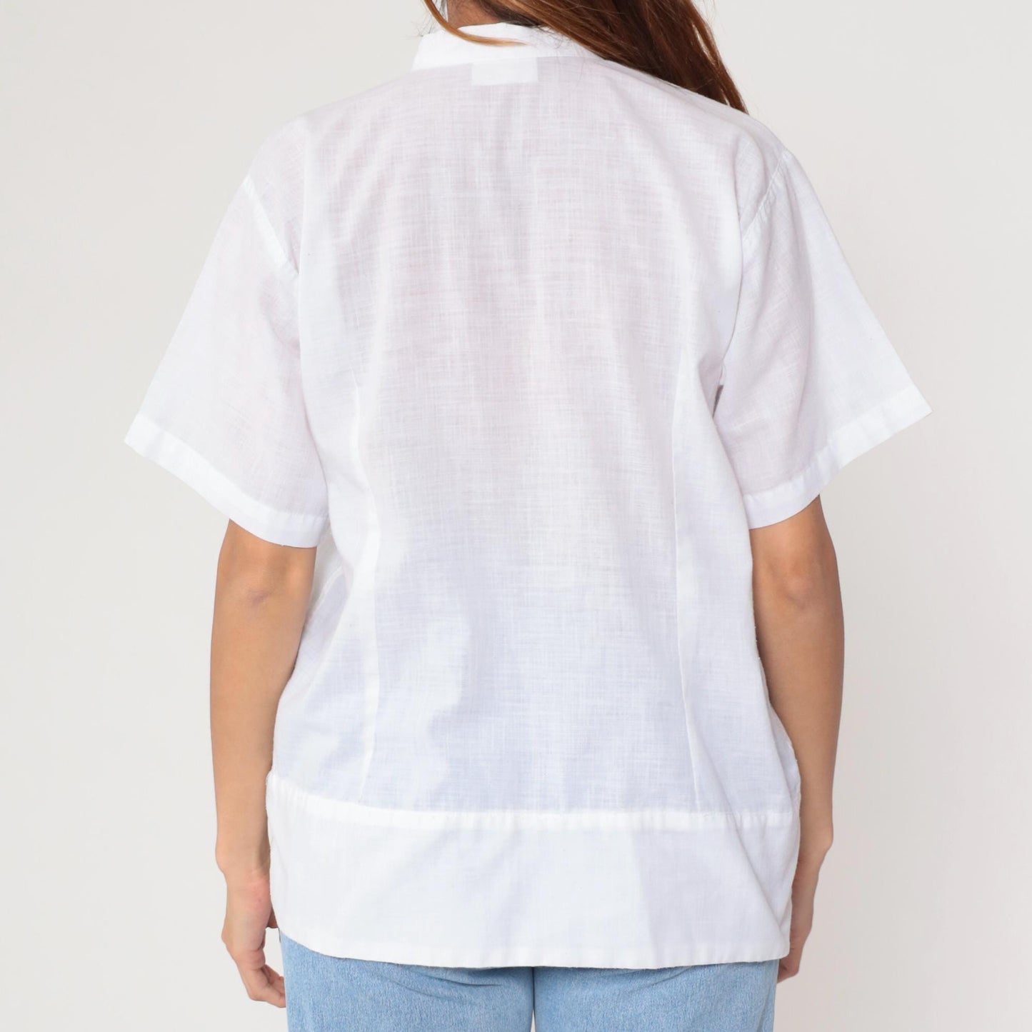 90s White Pink Rose Embroidered Button Down Blouse Mandarin Collar Large L