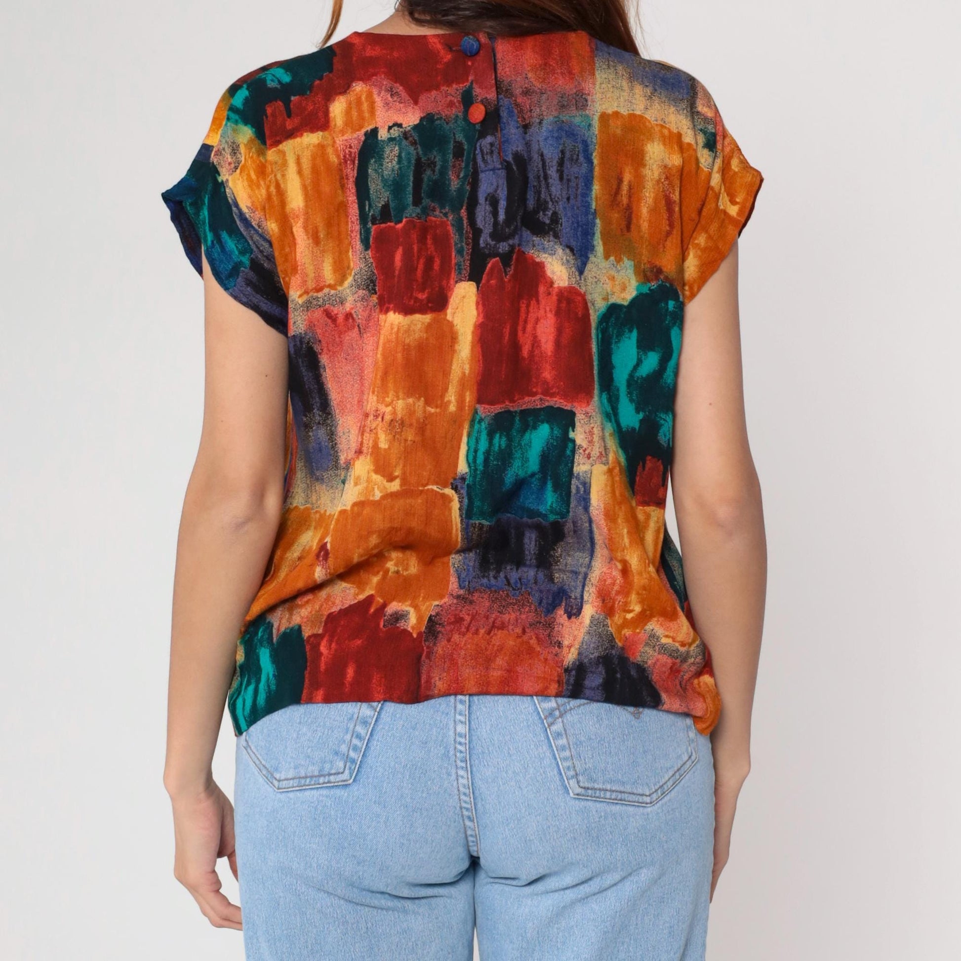 90s Watercolor Abstract Blouse Multicolor Brushstroke Rayon Short Sleeve Small S