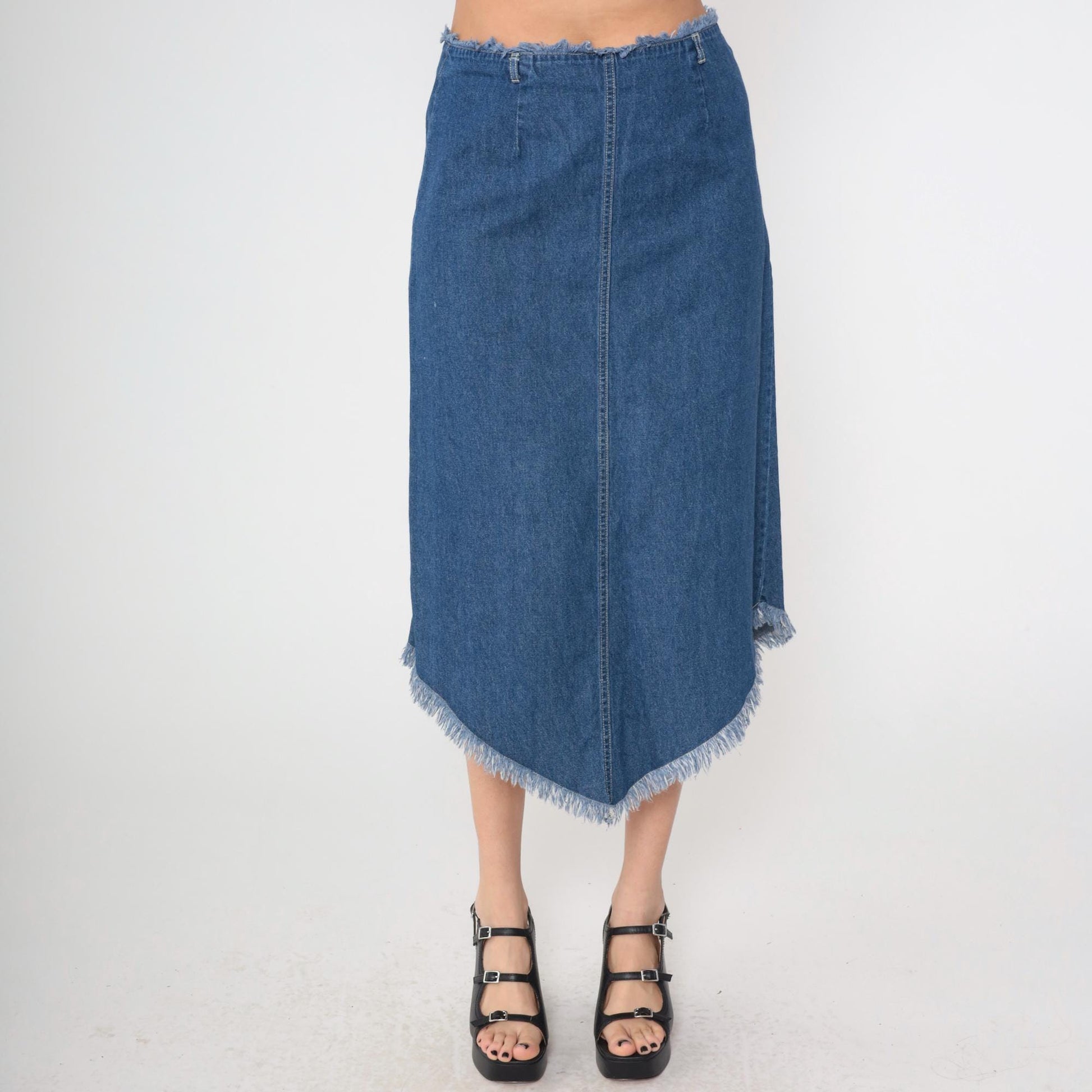 90s Blue Denim Midi Skirt Asymmetrical Frayed Hem Y2K Medium