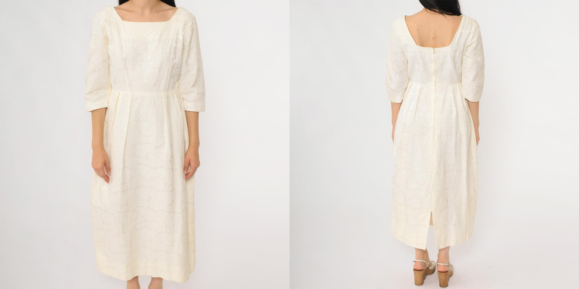 60s Cream Lace Midi Dress Square Neckline Embroidered Small
