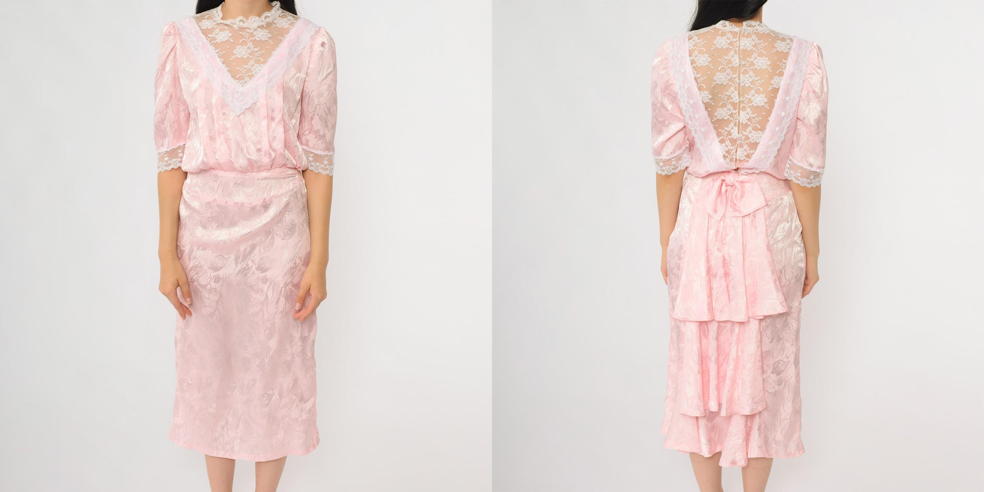 80s Pink Lace Midi Dress Puff Sleeve V-Neck Tiered Ruffle Extra Small XS