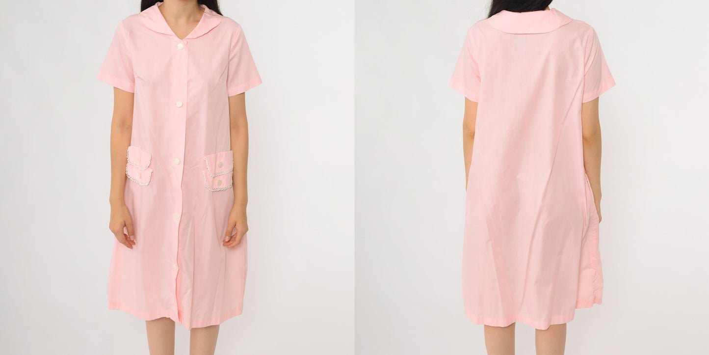 60s Charmode Pink House Dress Peter Pan Collar Lace Trim Pockets Medium