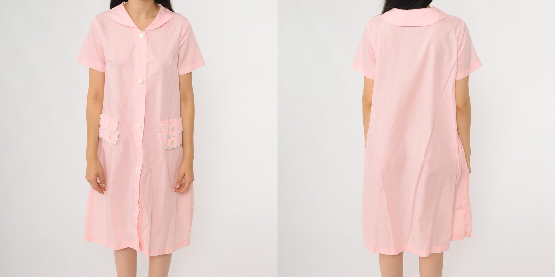 60s Charmode Pink House Dress Peter Pan Collar Lace Trim Pockets Medium