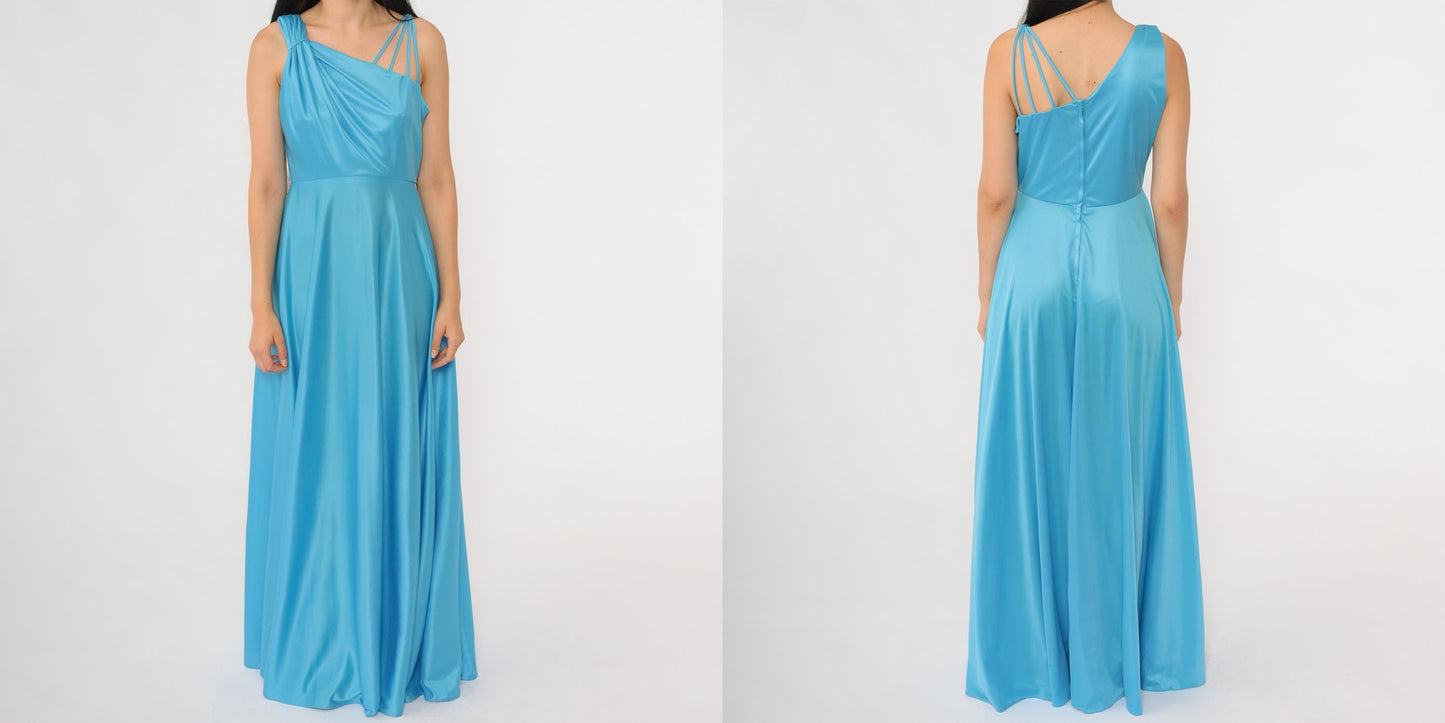 70s Blue Satin One-Shoulder Maxi Dress Draped Bodice Floor Length Small