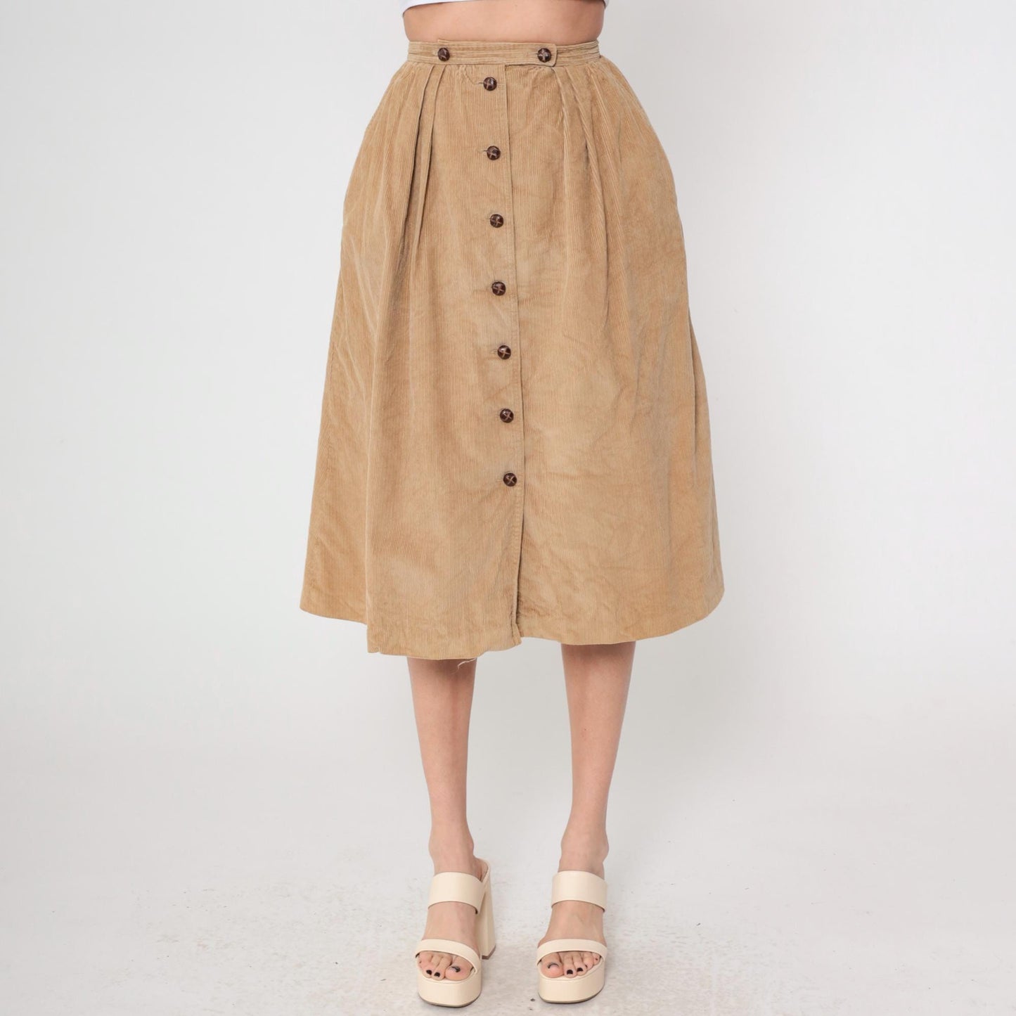 1970s Tan Corduroy Button-Front Midi Skirt High Waist A-Line Pleated Small