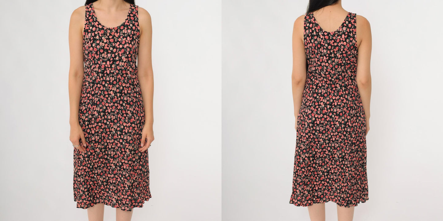 90s R&K Originals Cherry Blossom Floral Midi Dress Black Pink Medium M