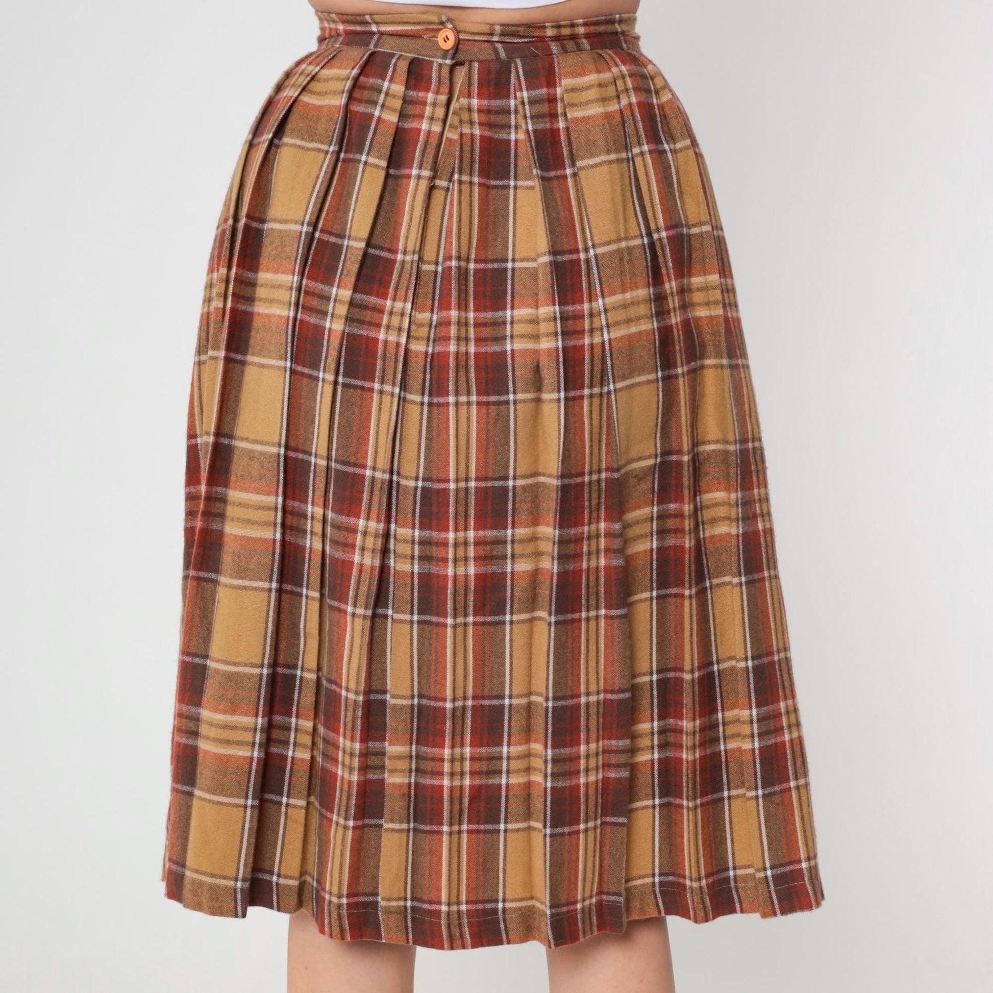 70s Plaid Wool Blend Midi Skirt High Waisted Tartan Brown Tan Small S
