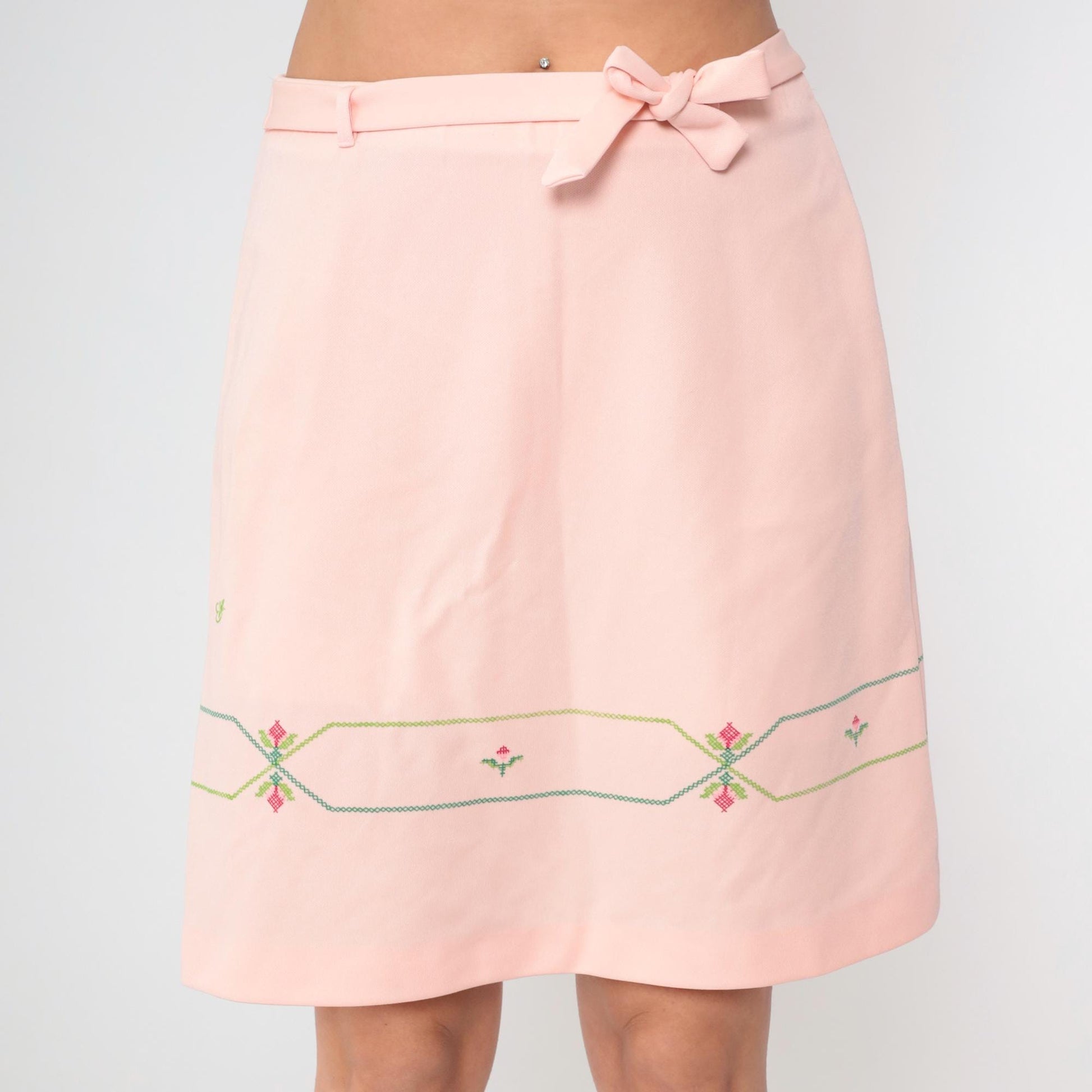 70s Pink Mini A-Line Skirt Cross Stitch Floral Bow Belt Medium