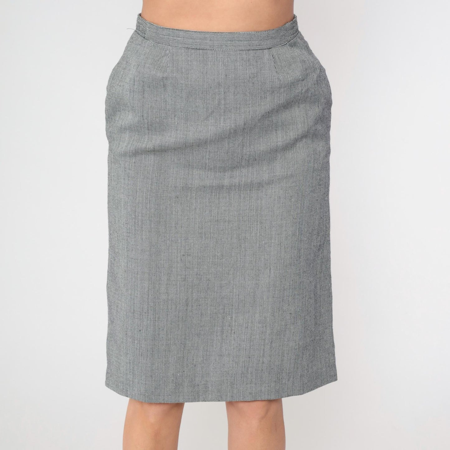 80s Black Houndstooth Midi Skirt High Waist Straight Pencil Medium