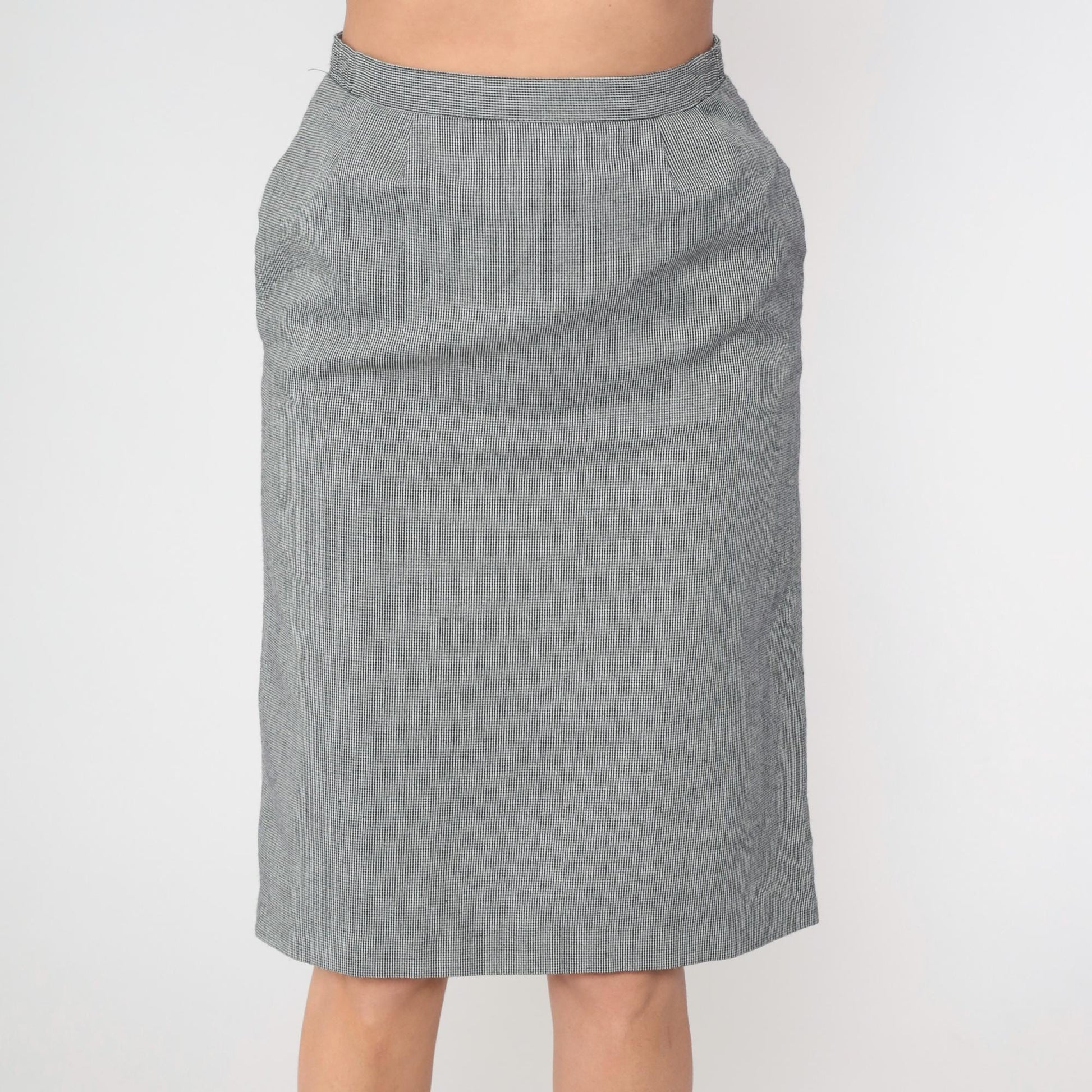 80s Black Houndstooth Midi Skirt High Waist Straight Pencil Medium