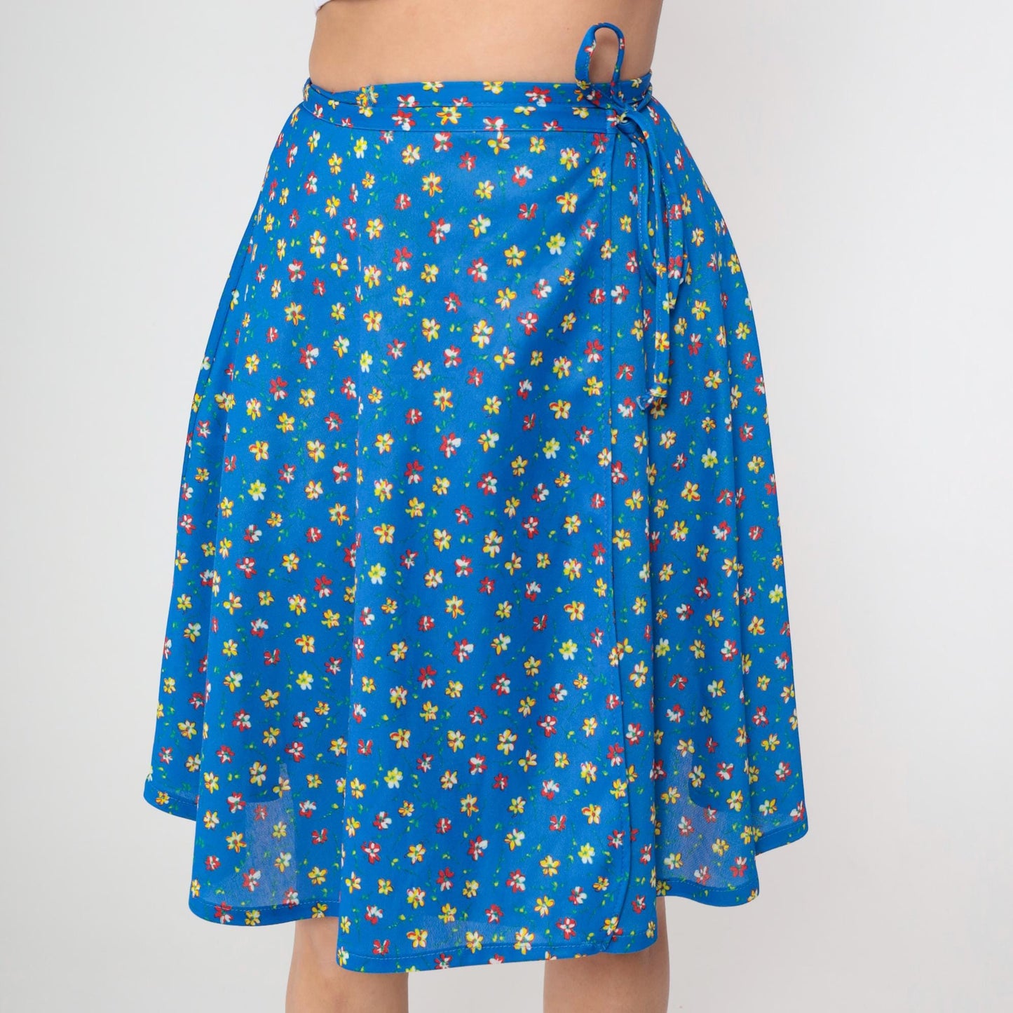 70s JC Penney Blue Floral Wrap Skirt Tie Waist Ditsy Print Small Medium