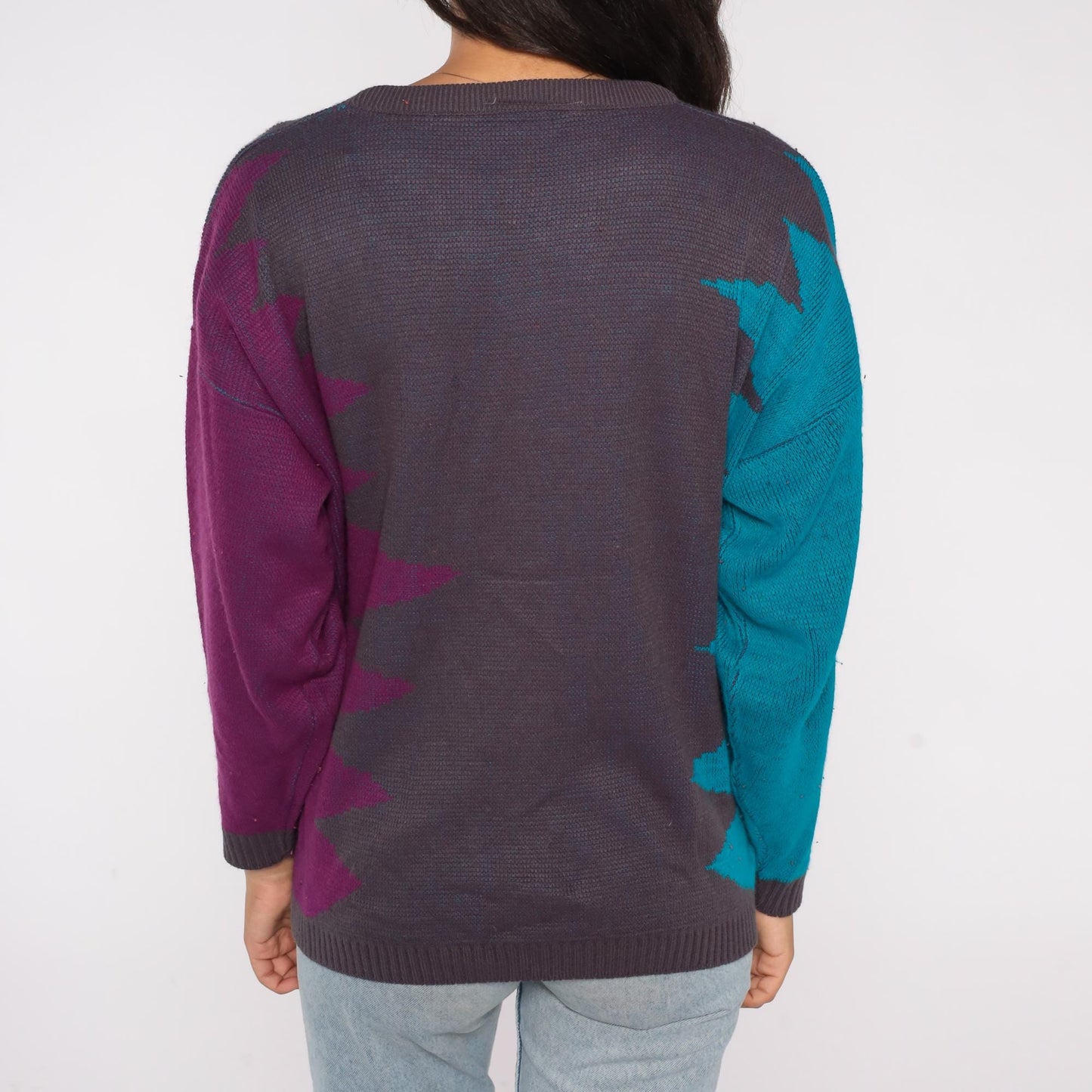90s Geometric Color Block Sweater Teal Purple Charcoal Crewneck Medium