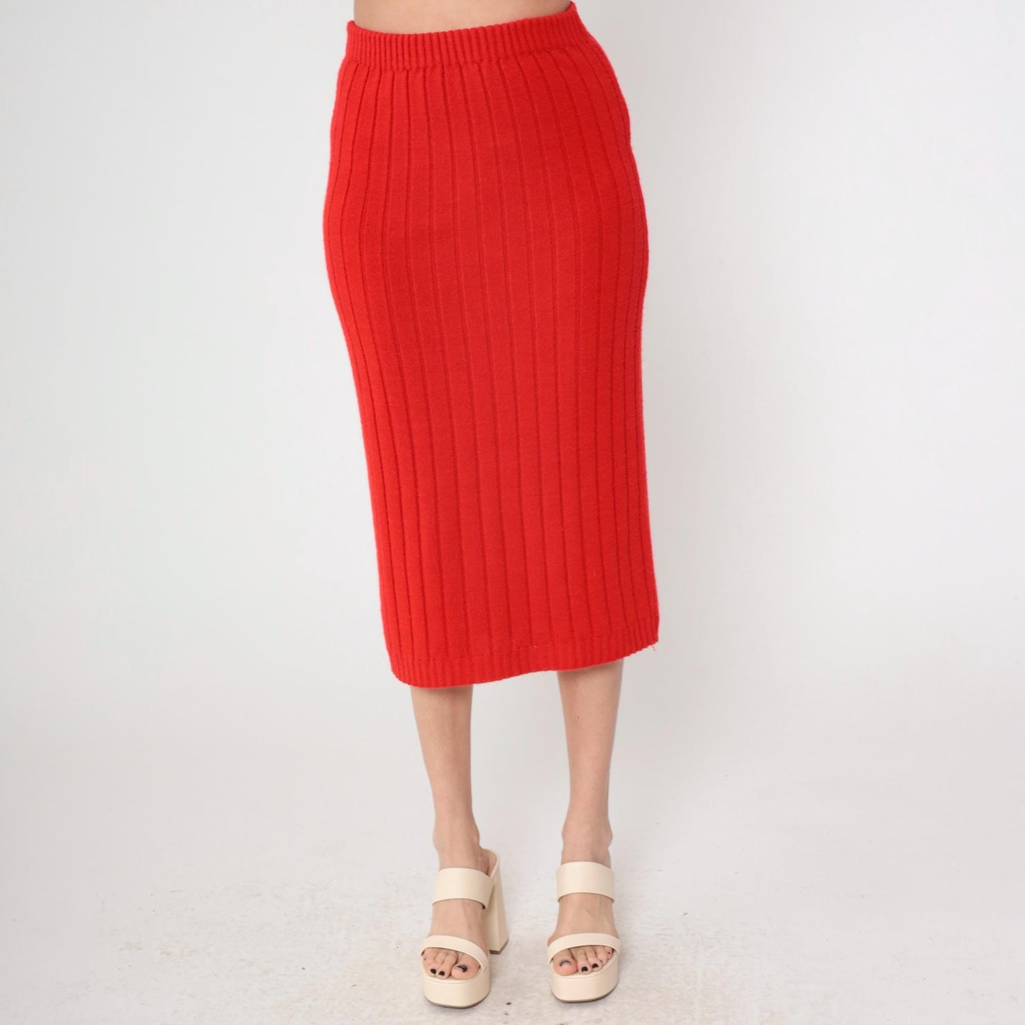 70s Red Ribbed Knit Mini Skirt High Waist A-Line Small