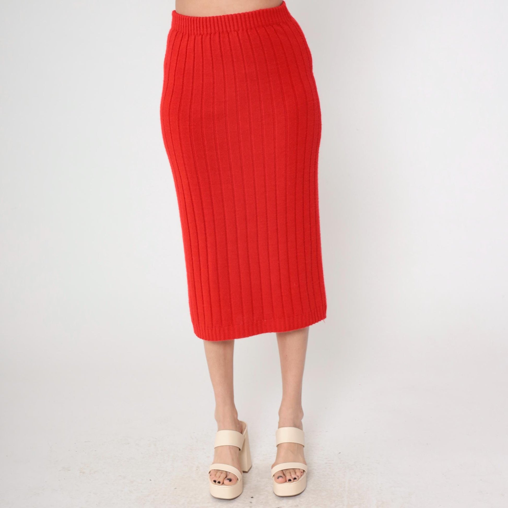 70s Red Ribbed Knit Mini Skirt High Waist A-Line Small