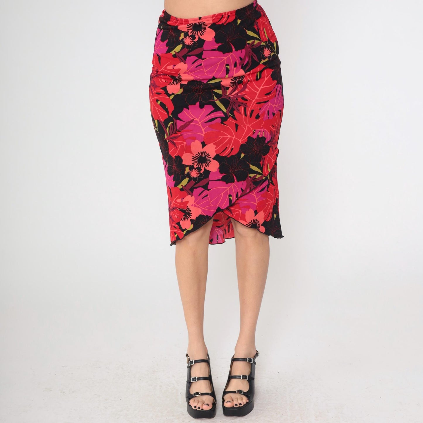 Y2K Heart and Soul Tropical Print Midi Pencil Skirt Pink Black Red Small