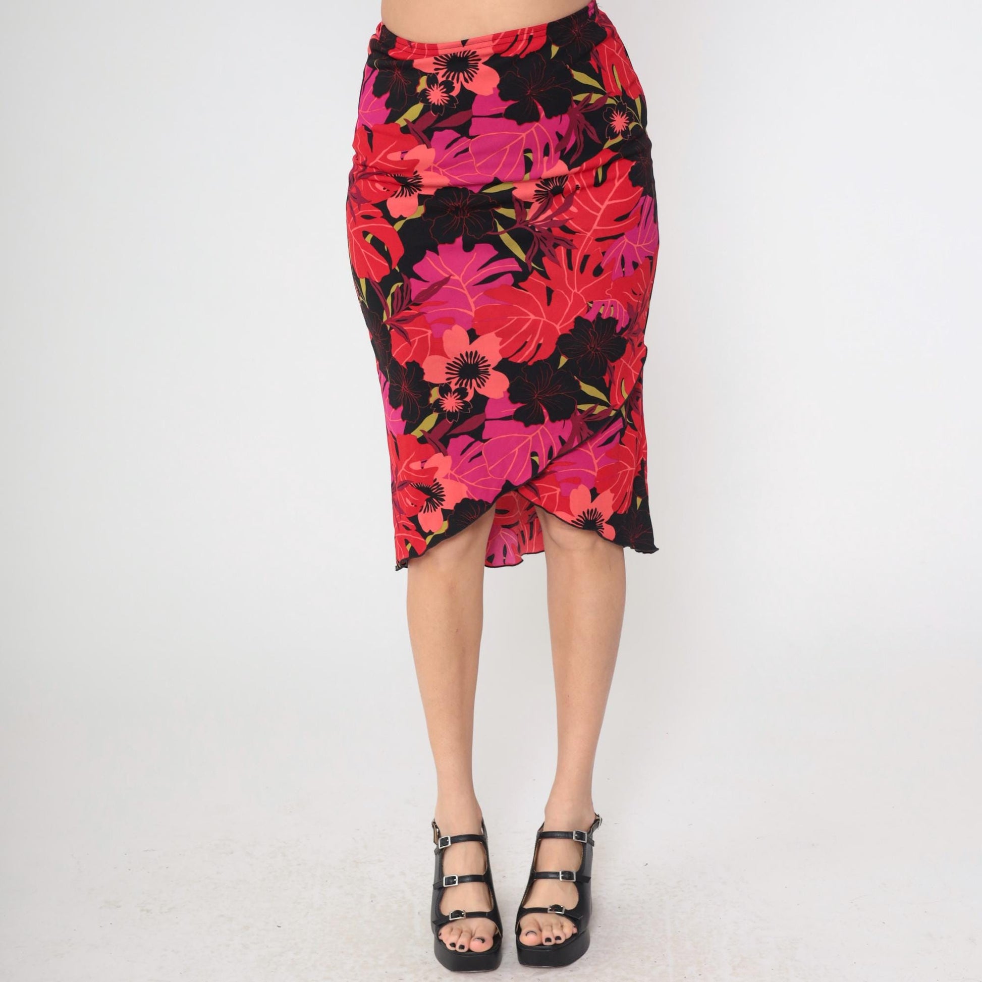 Y2K Heart and Soul Tropical Print Midi Pencil Skirt Pink Black Red Small