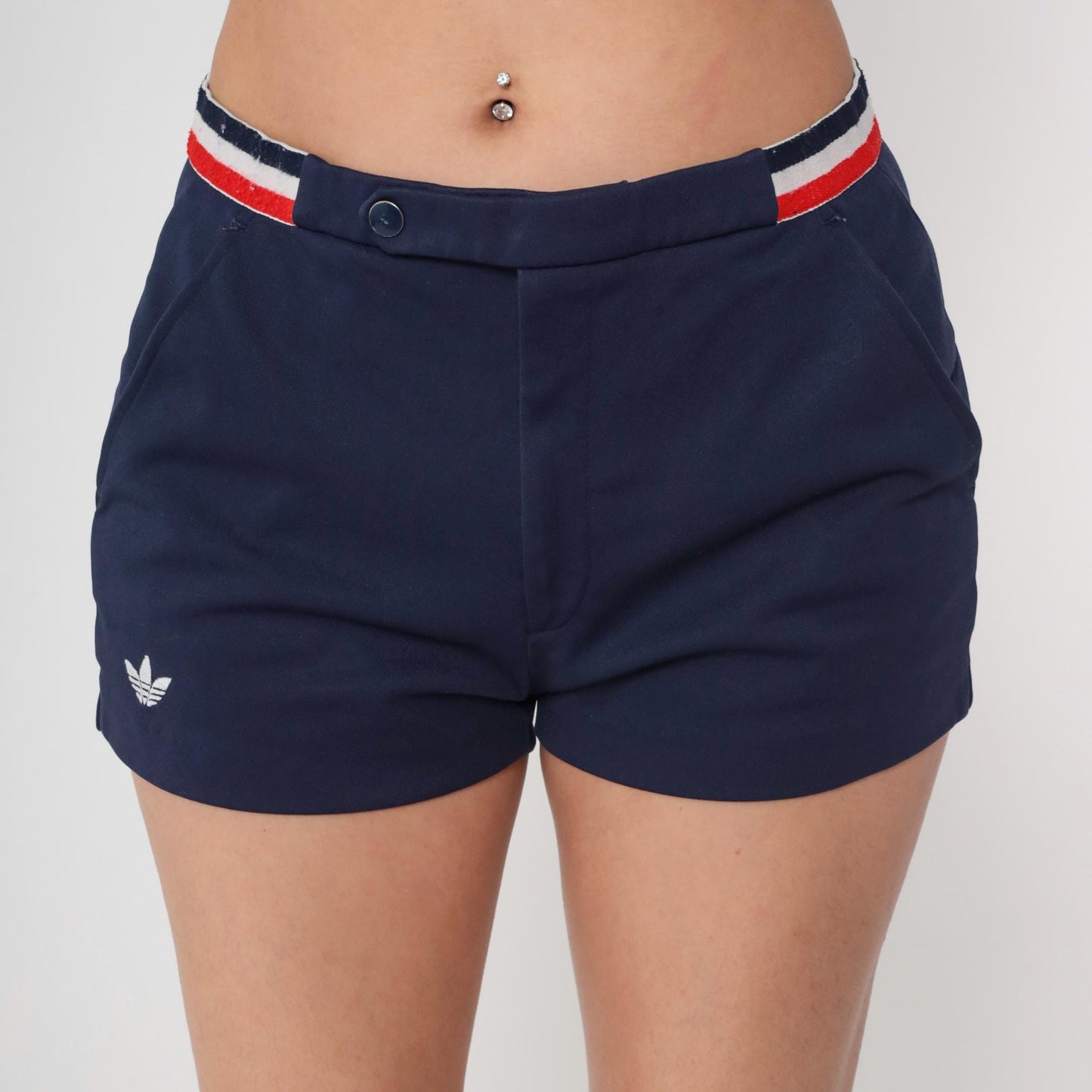 80s Adidas Navy Athletic Shorts Red White Stripe High Waist Medium M