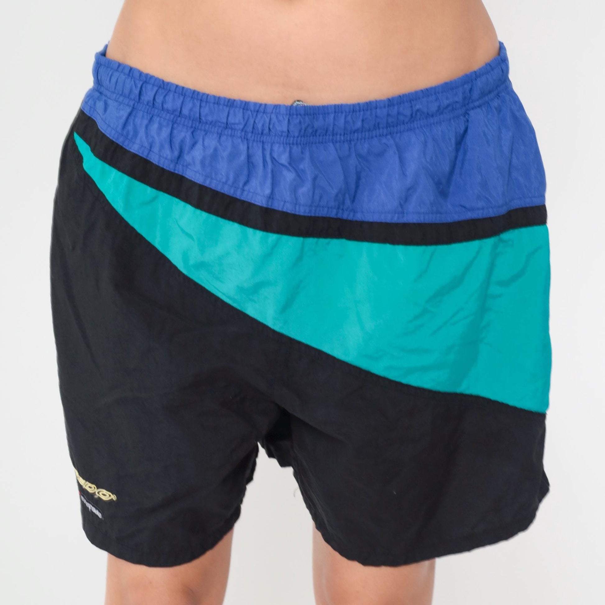 90s Speedo Colorblock Swim Trunks Black Yellow Blue Green Nylon Large L