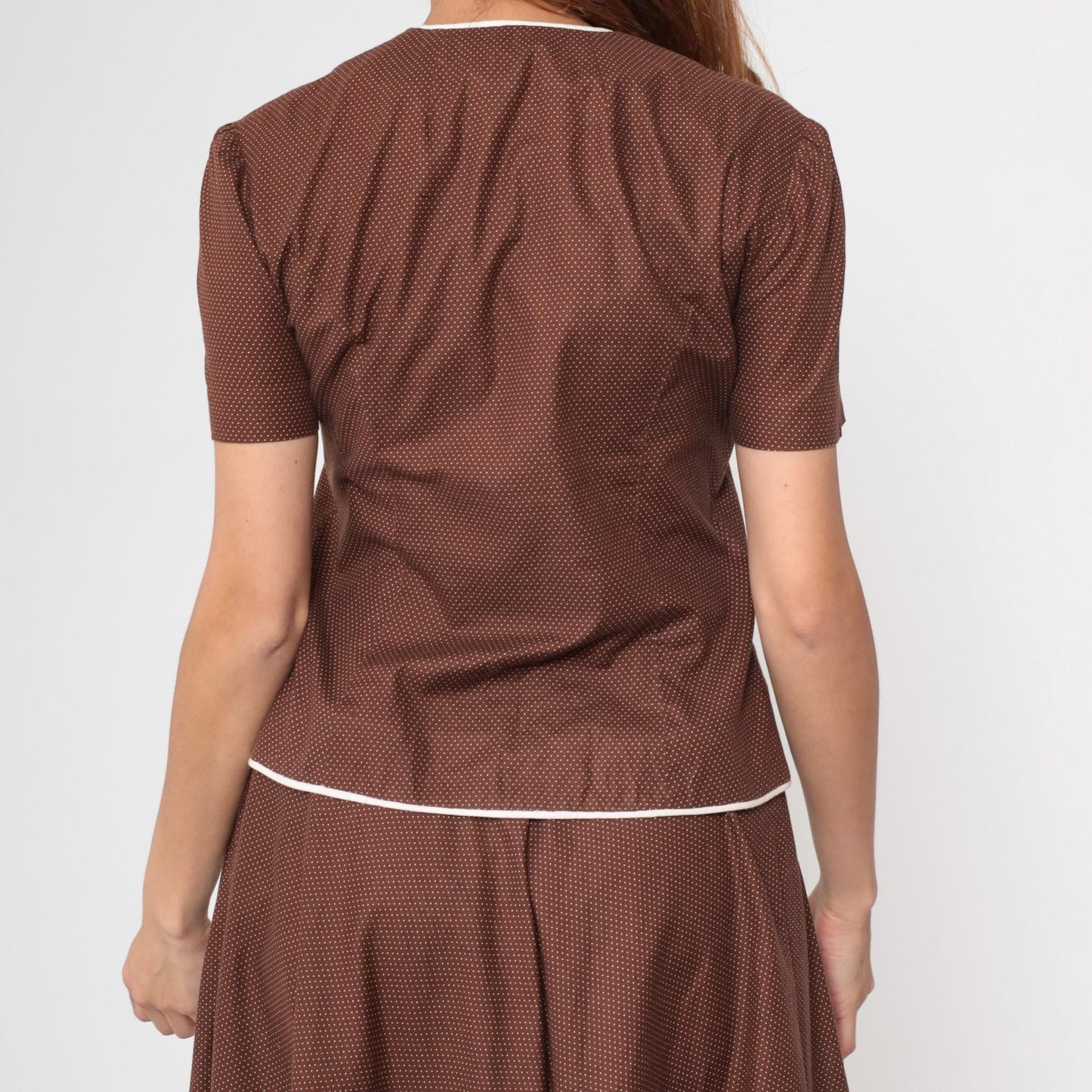 70s Brown Swiss Dot Two Piece Set Short Sleeve Blouse Pleated Mini Skirt Medium