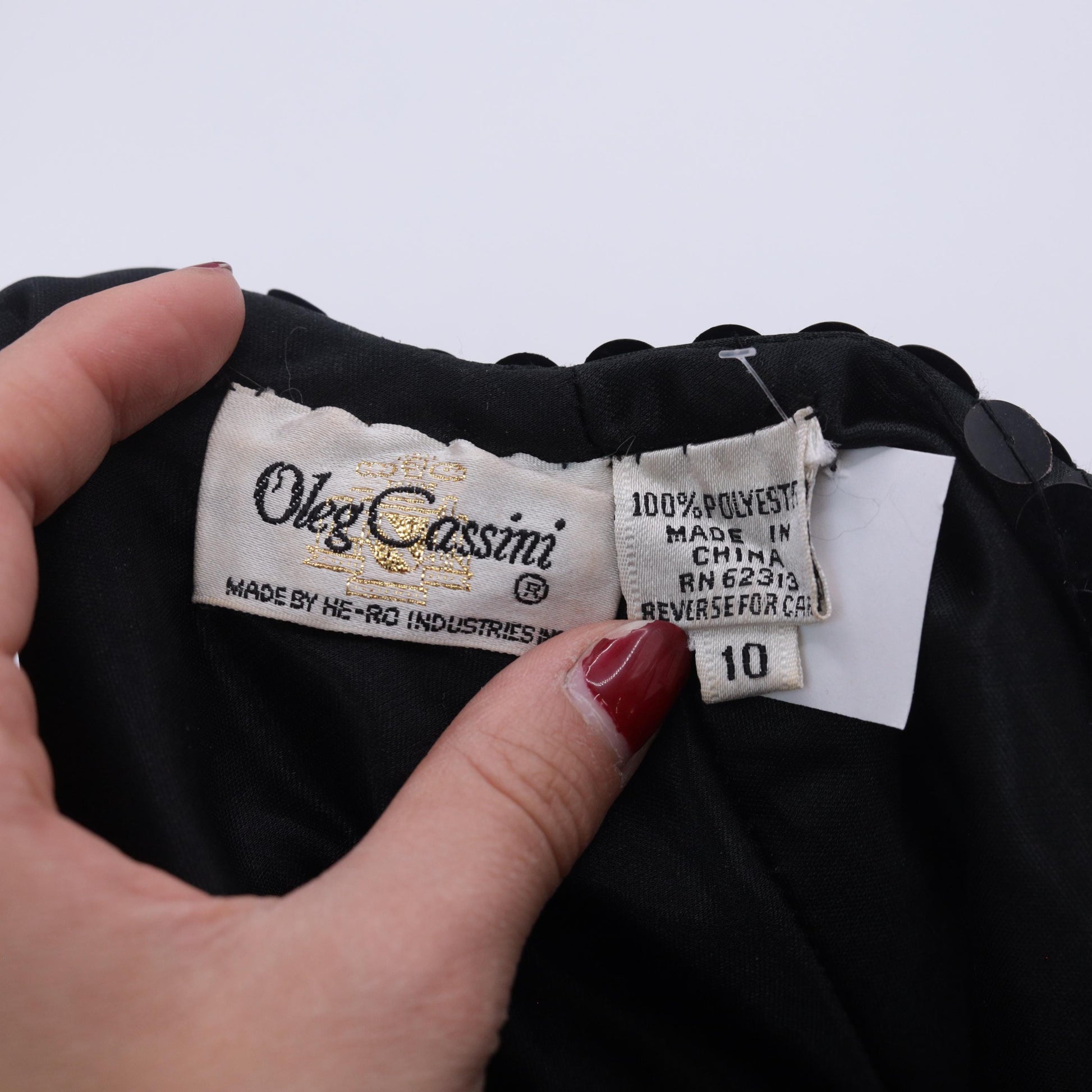 80s Oleg Cassini Black Sequin Evening Gown Plunge V Long Sleeve Open Back Medium