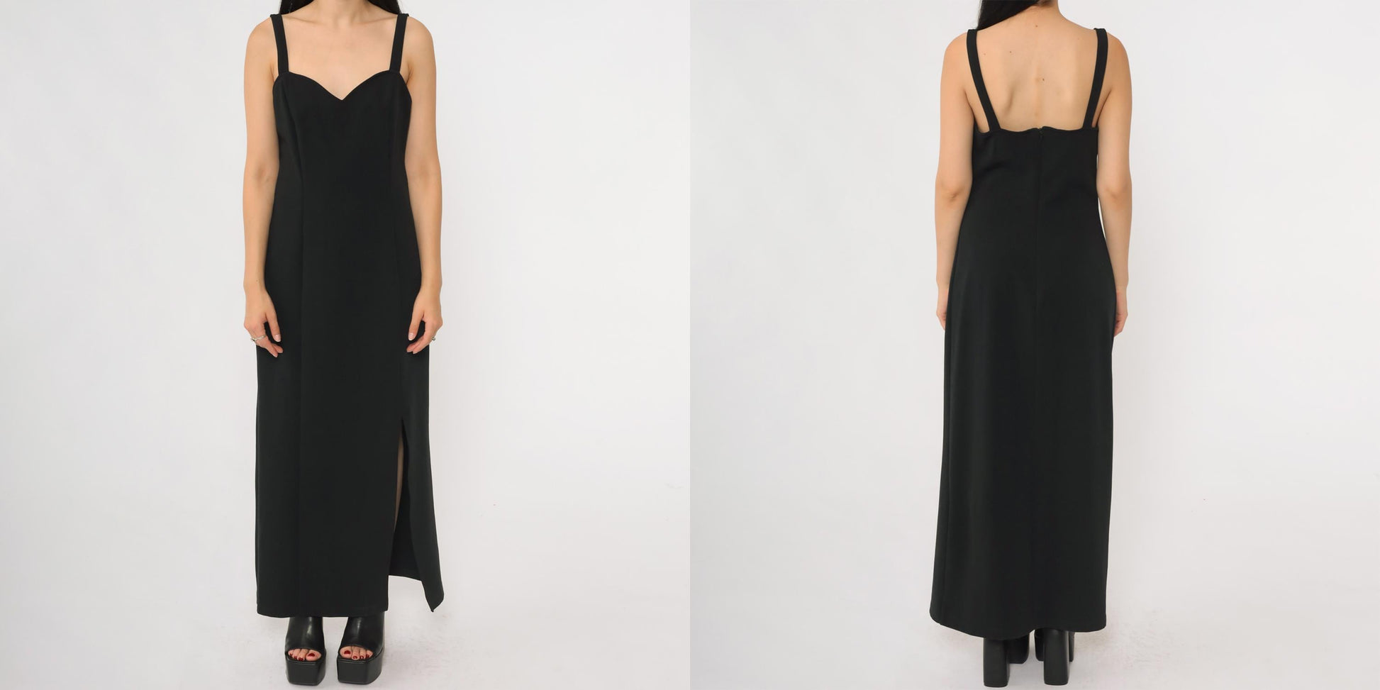 90s Black Velvet Maxi Gown Sweetheart Neckline Side Slit Medium M