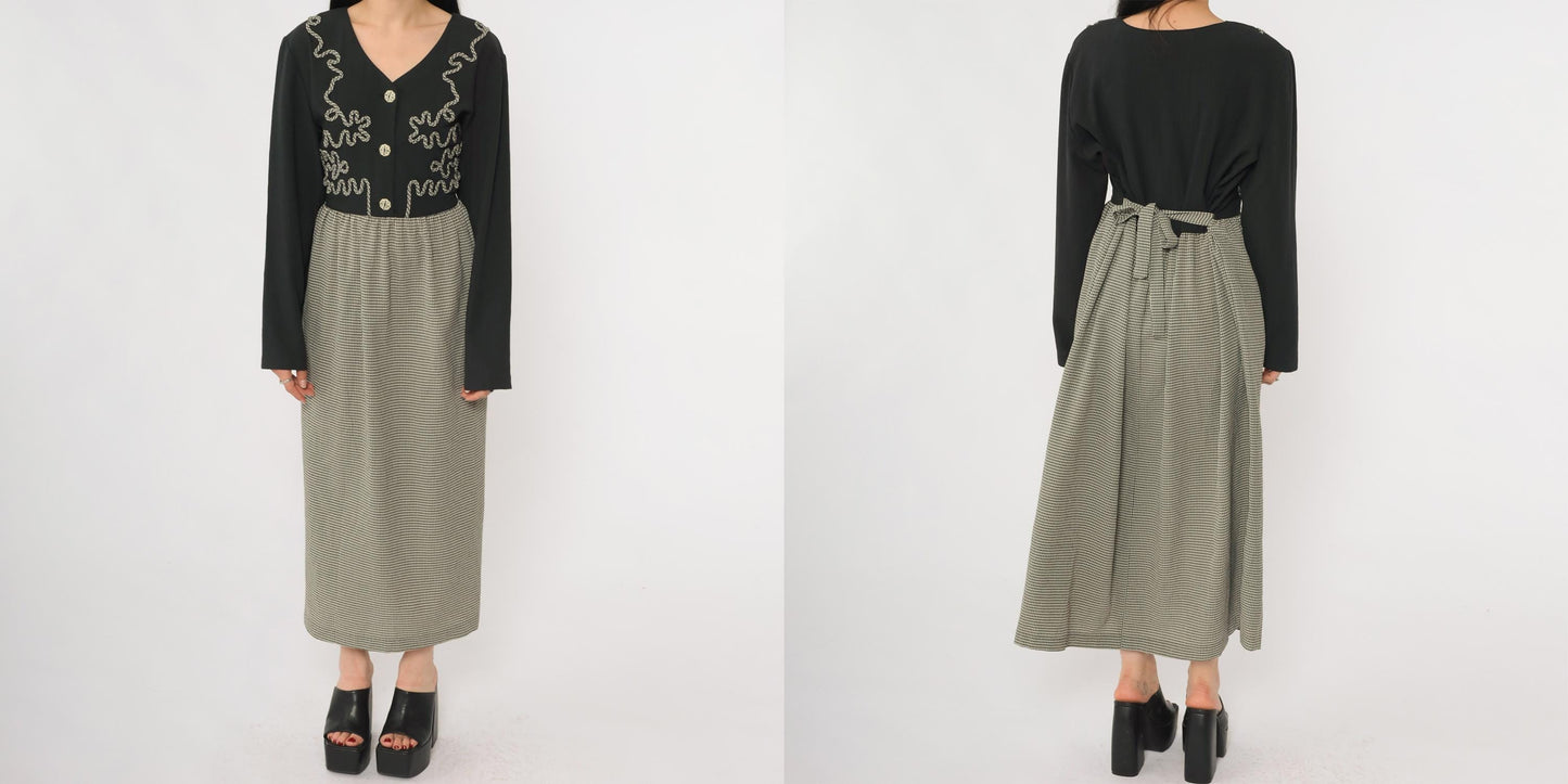 90s Kim Rogers Black Gingham Maxi Dress Embroidered Button Down Long Sleeve Large L