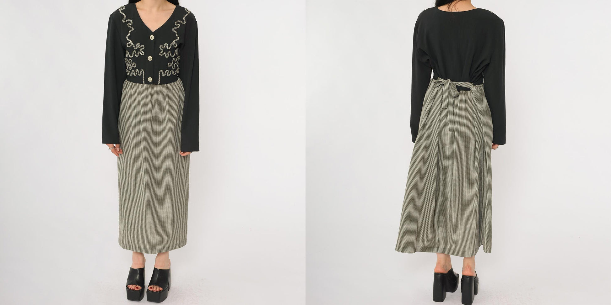 90s Kim Rogers Black Gingham Maxi Dress Embroidered Button Down Long Sleeve Large L