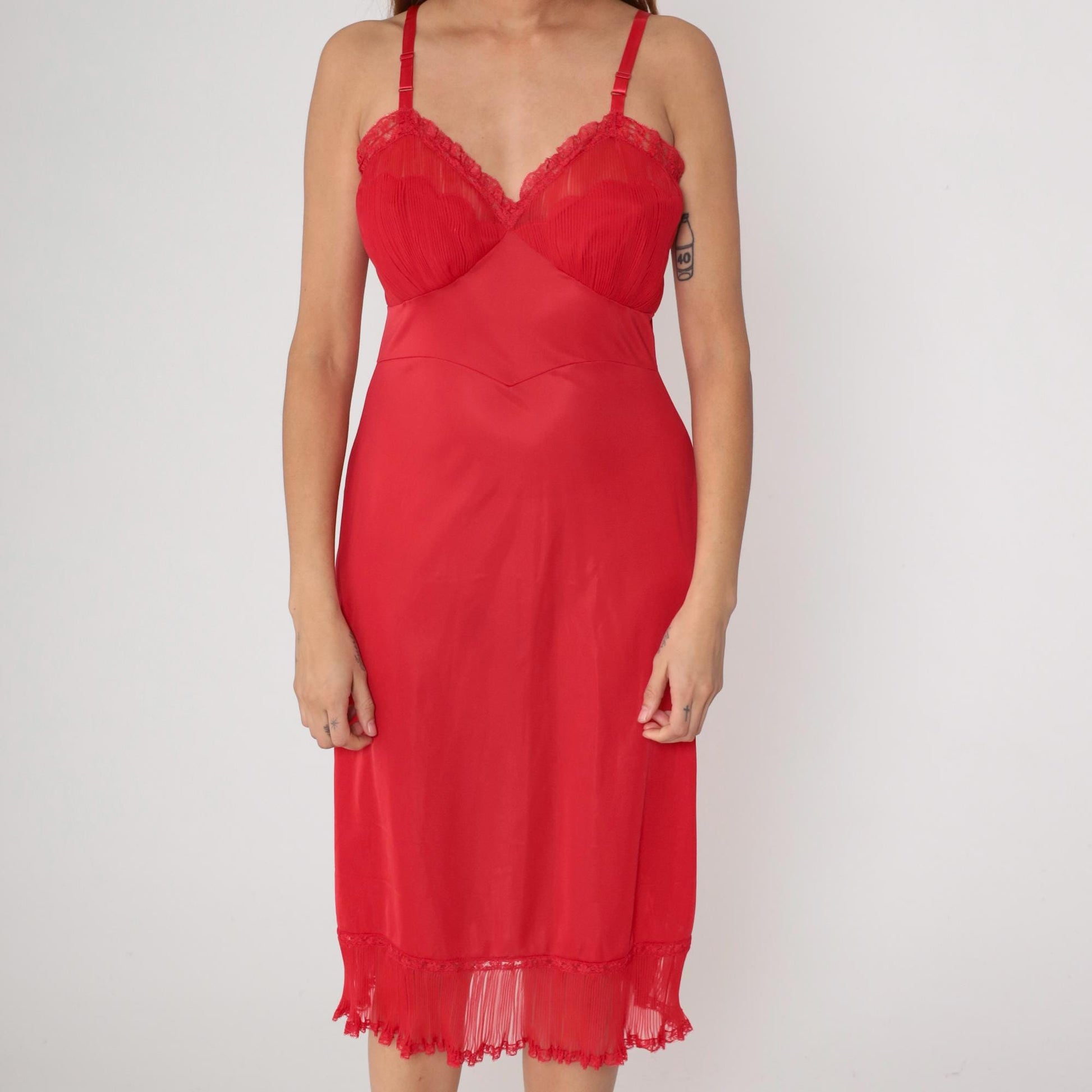 70s Shadowline Red Nylon Slip Dress Lace Trim Midi Spaghetti Strap Medium