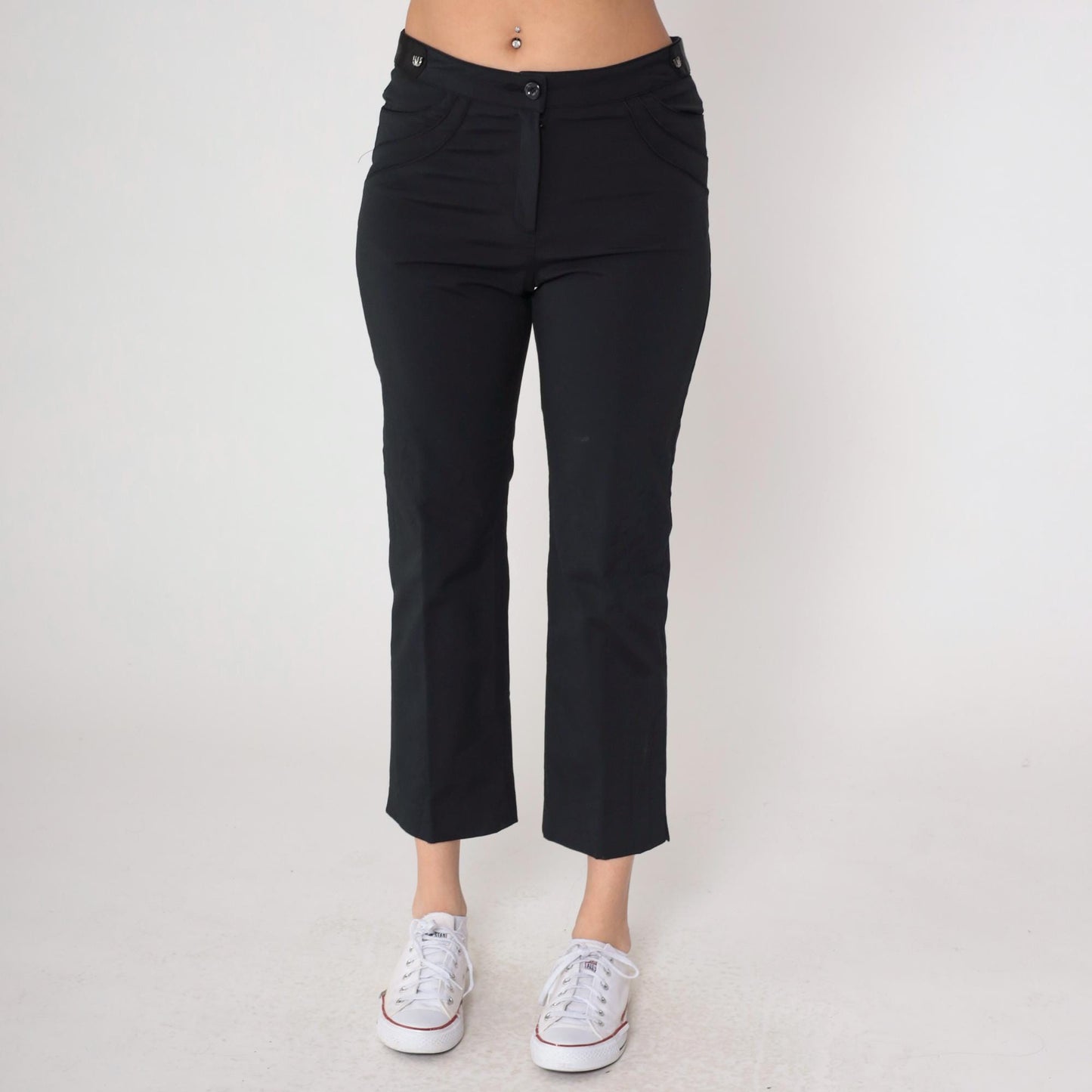 Y2K Black Cropped Trousers Reindeer Patch High Waist Straight Leg Medium M