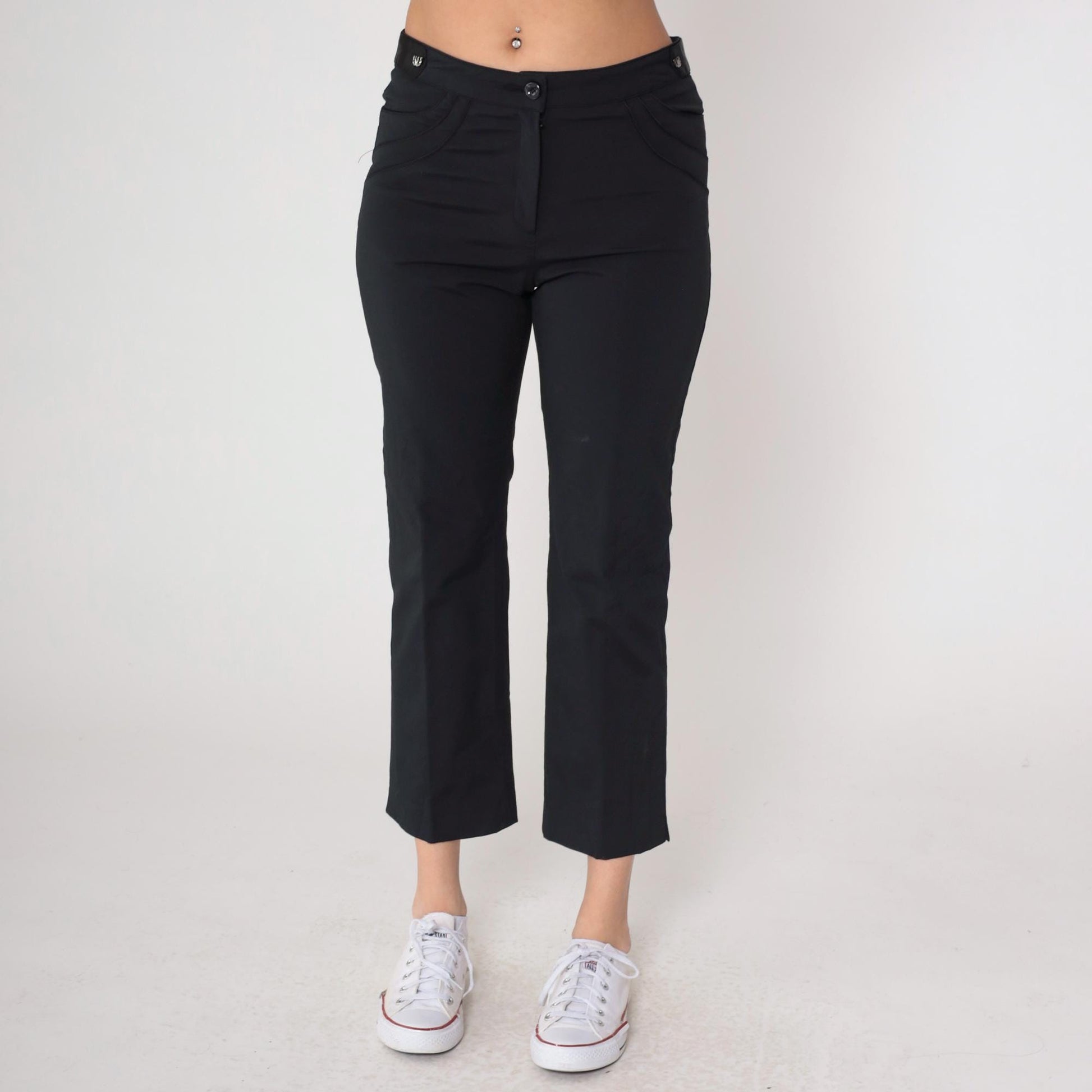Y2K Black Cropped Trousers Reindeer Patch High Waist Straight Leg Medium M
