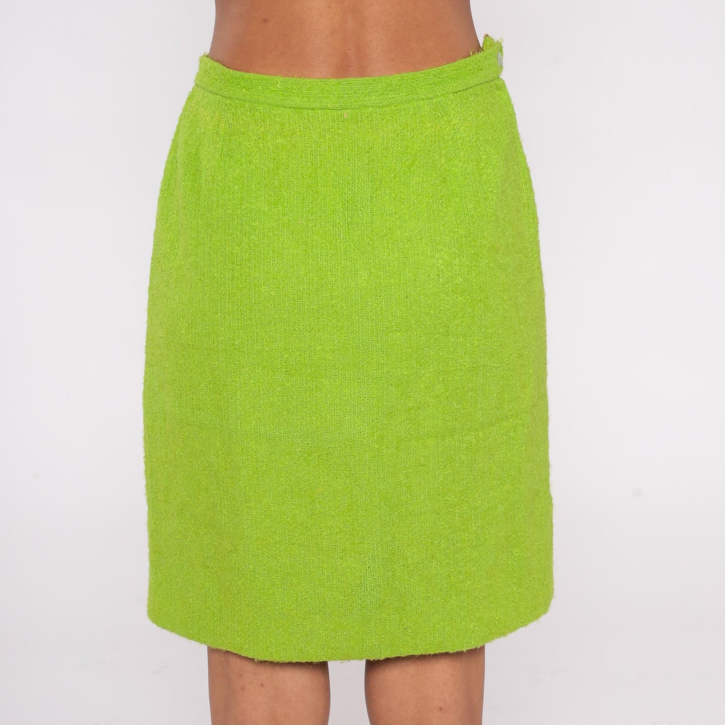 60s Lime Green Wool Blend Skirt High Waist Knee Length Sheath Small
