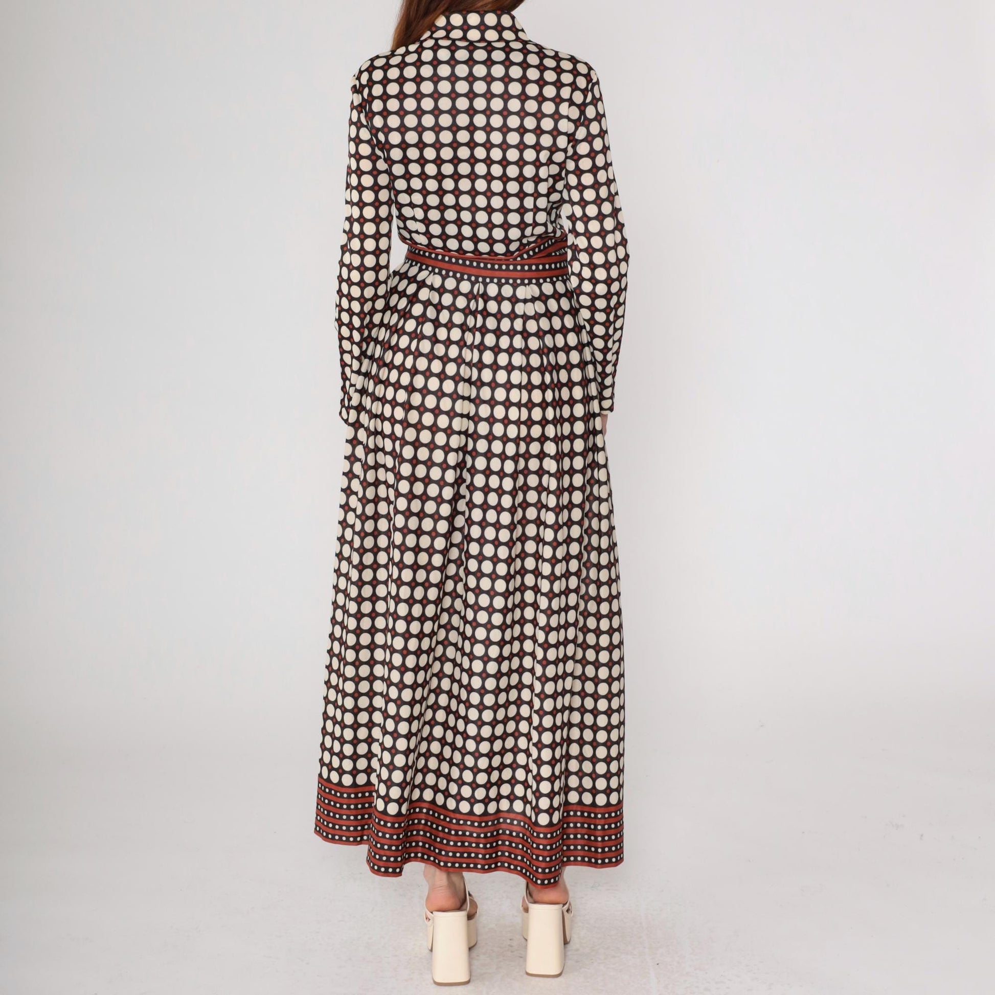 70s Black White Polka Dot Maxi Dress Long Sleeve Button Front Medium M