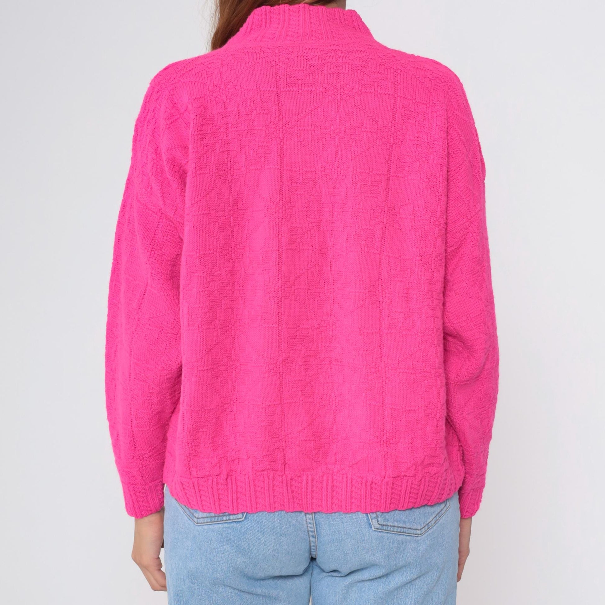 90s Hot Pink Mock Neck Sweater Textured Geometric Knit Medium M