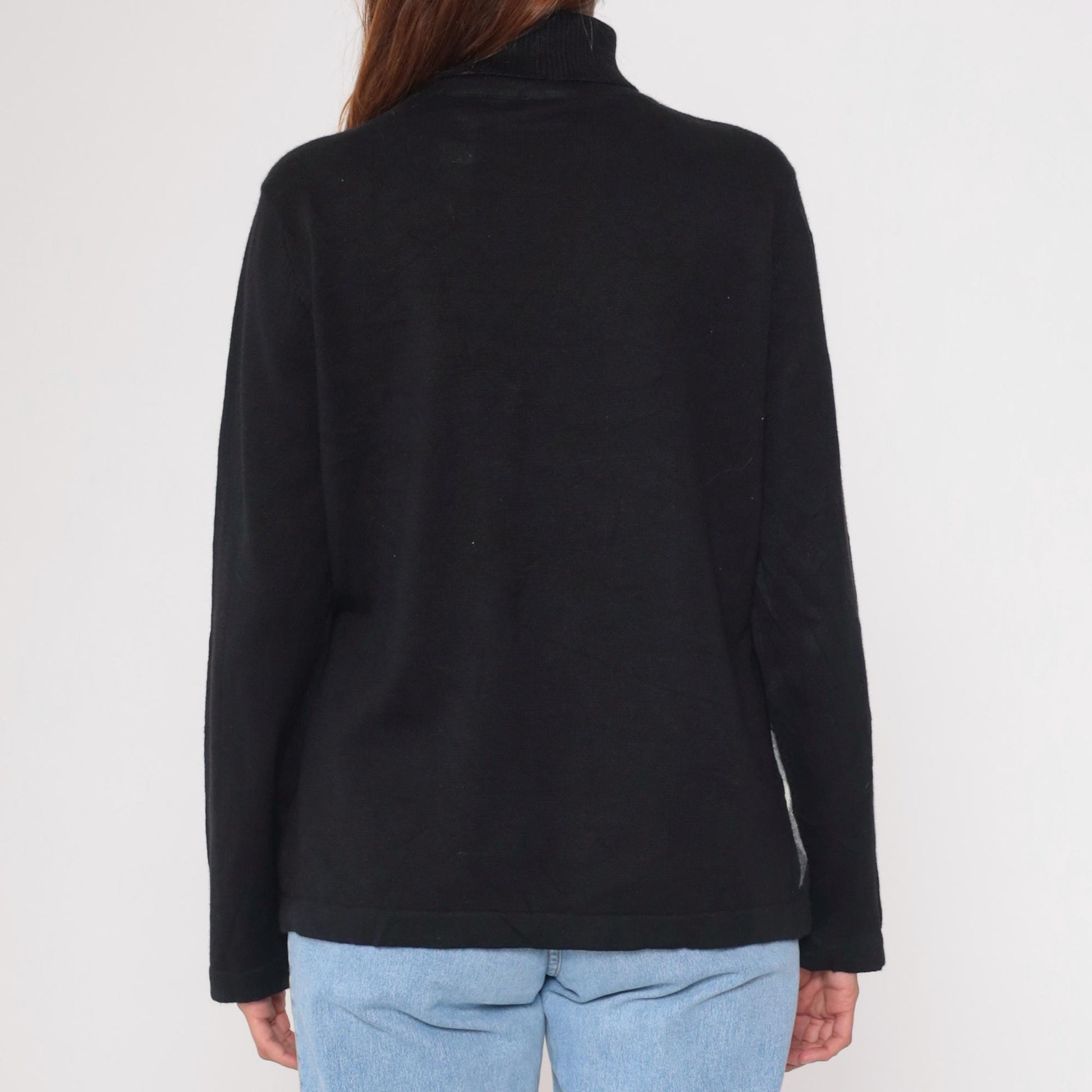 Y2K Argyle Turtleneck Sweater Black White Grey Diamond Knit Large L