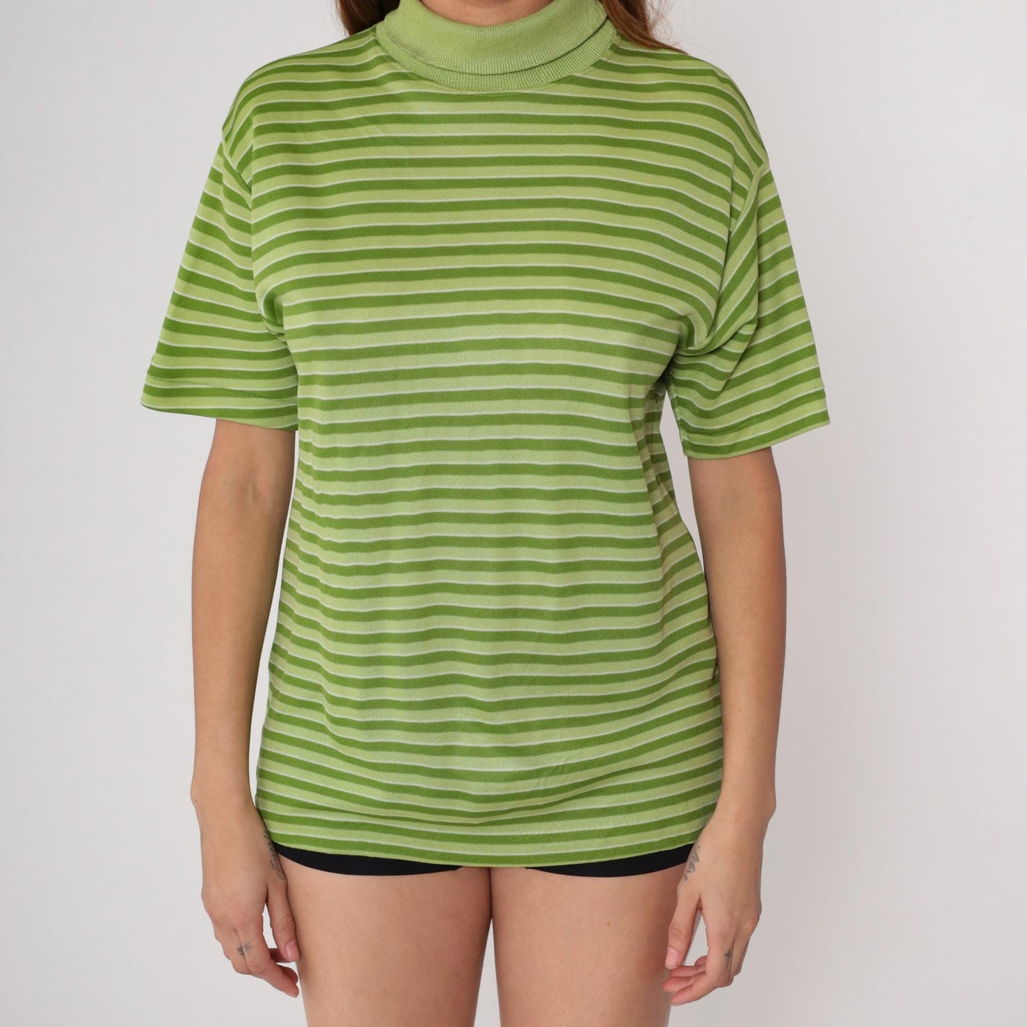 70s Striped Mock Neck Top Green Lime Short Sleeve Knit Pullover Medium Large