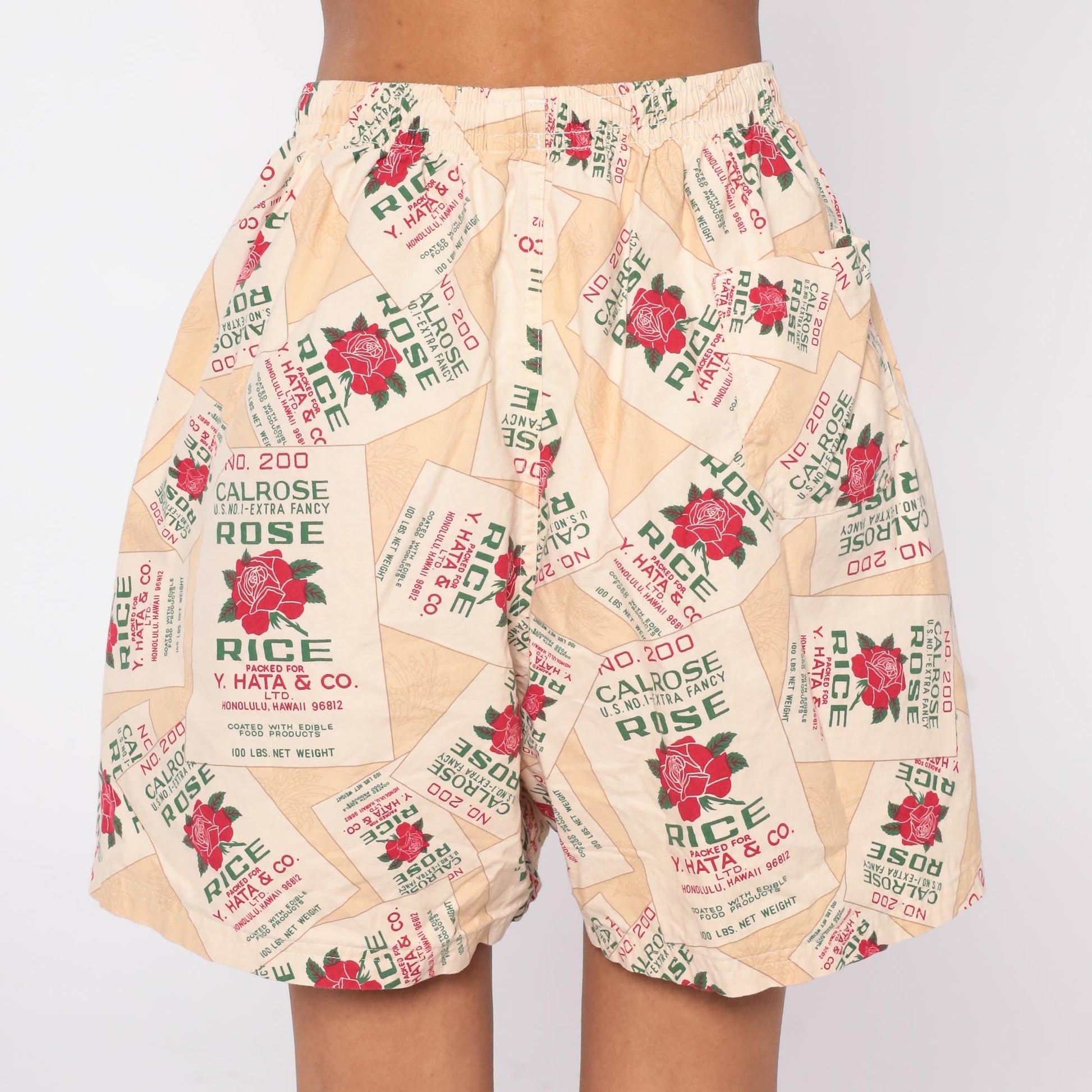 90s Calrose Rice Sack Shorts Y. Hata Honolulu Rose Print Drawstring Medium