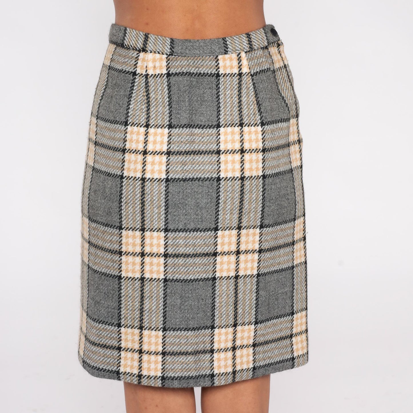 70s Plaid Wool Mini Skirt High Waist Pencil Tailored Grey Cream Black Extra Small XS