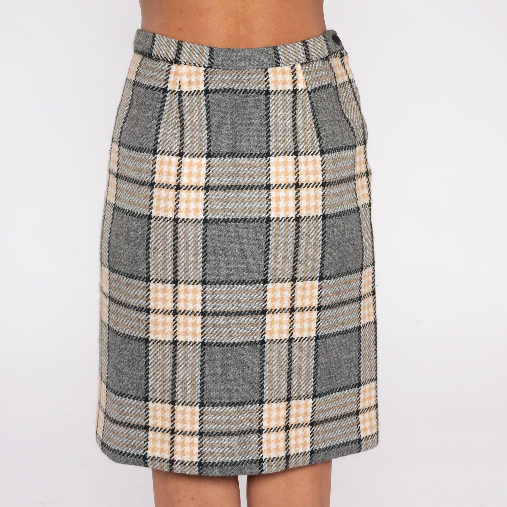 70s Plaid Wool Mini Skirt High Waist Pencil Tailored Grey Cream Black Extra Small XS