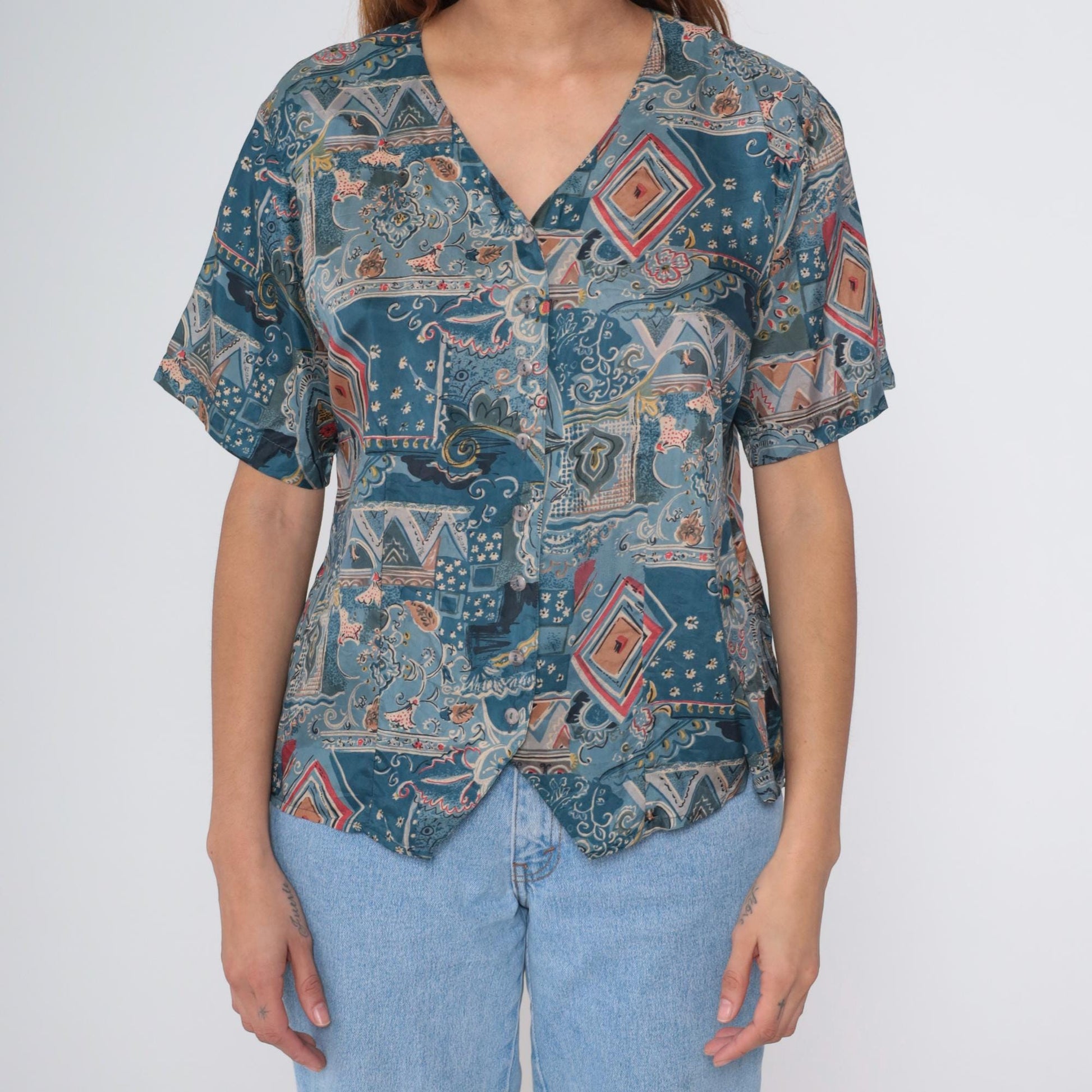 90s Stunt Petites Silk Blouse Blue Paisley Geometric Print V-Neck Short Sleeve Large