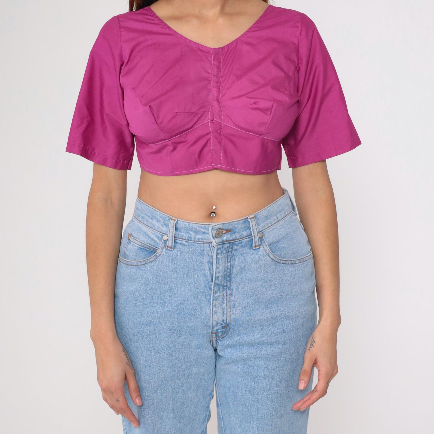 Y2K Magenta Crop Top V-Neck Choli-Inspired Blouse Small S