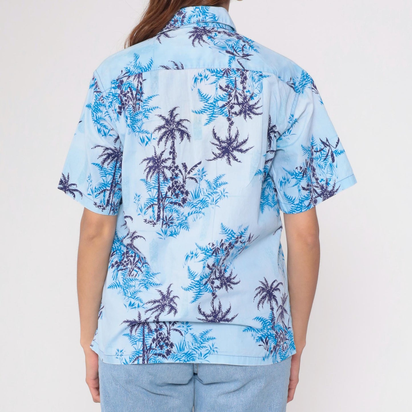 70s Tropicana Hawaiian Shirt Blue Palm Tree Fern Camp Collar Medium