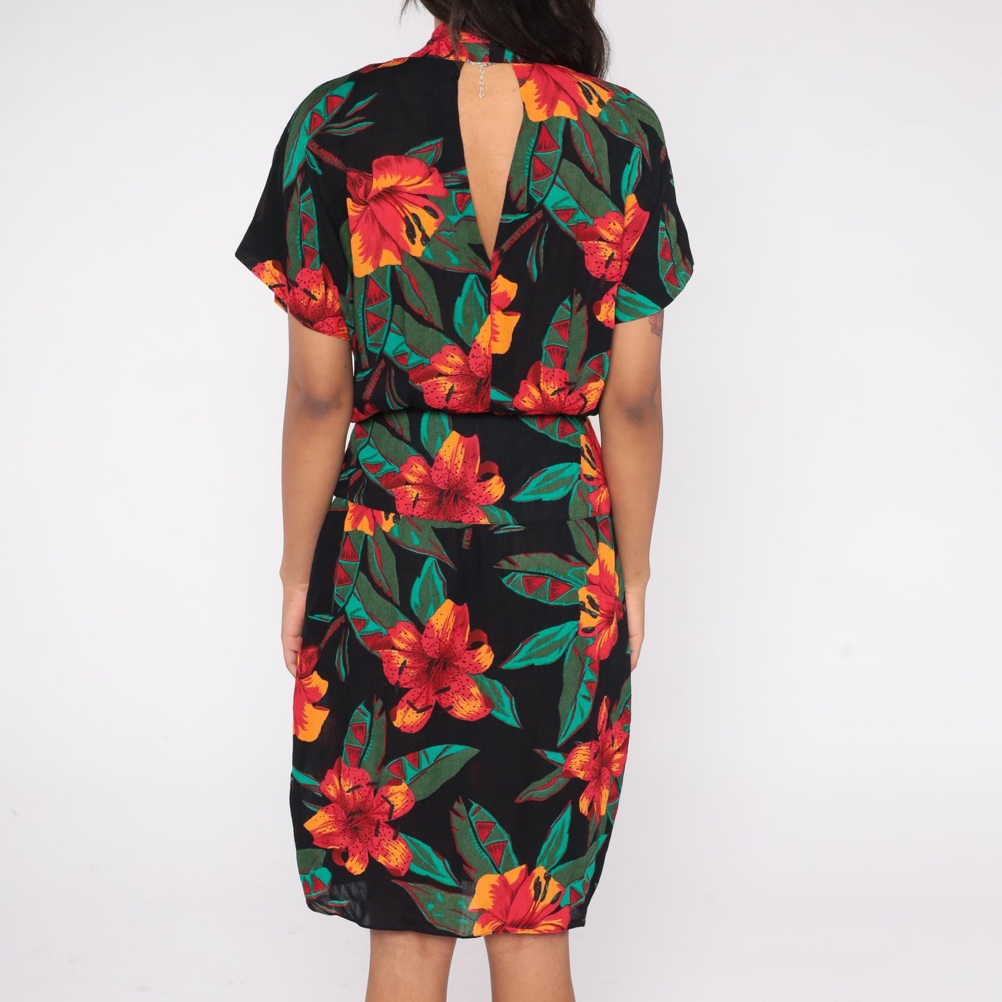 90s Casual Corner Tropical Floral Midi Wrap Dress Black Red Orange Green Medium