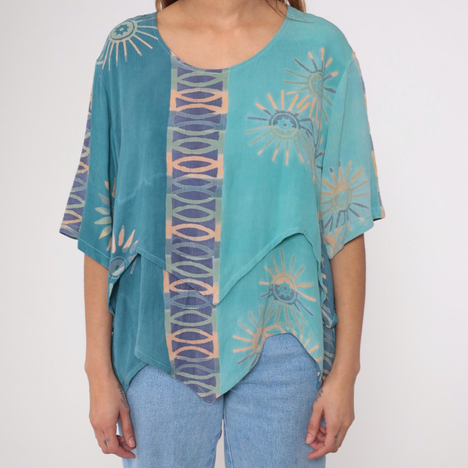 Y2K Silver Stream Teal Sun Print Asymmetric Layered Blouse Extra Large XL