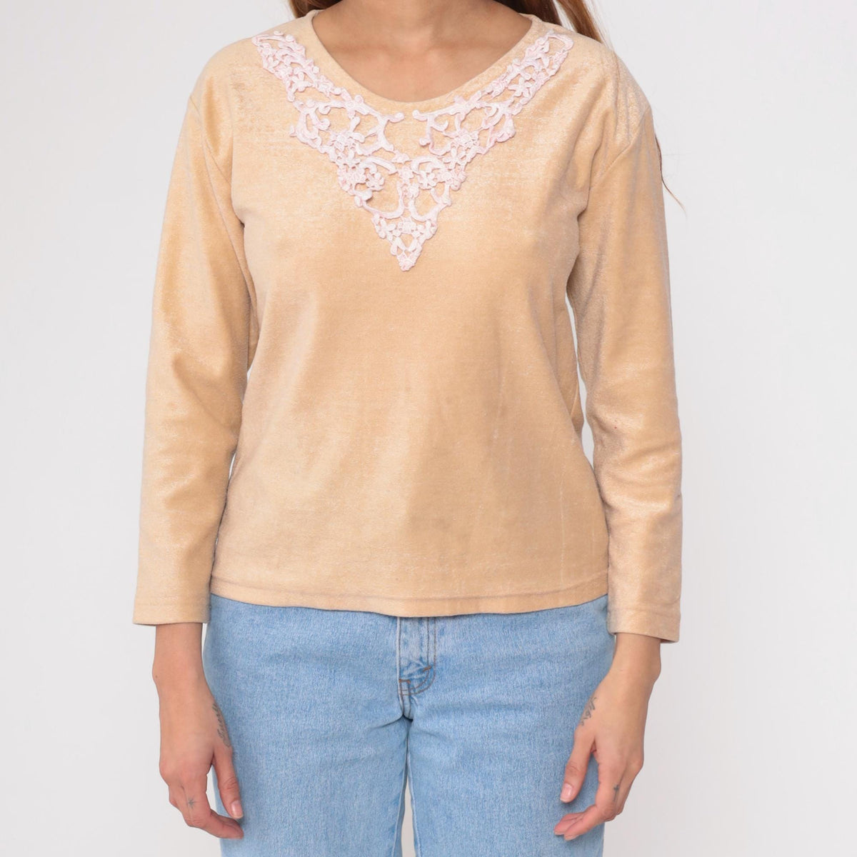 70s Cream Lace Appliqué Pullover Sweater Pink Detail Round Neck Medium M