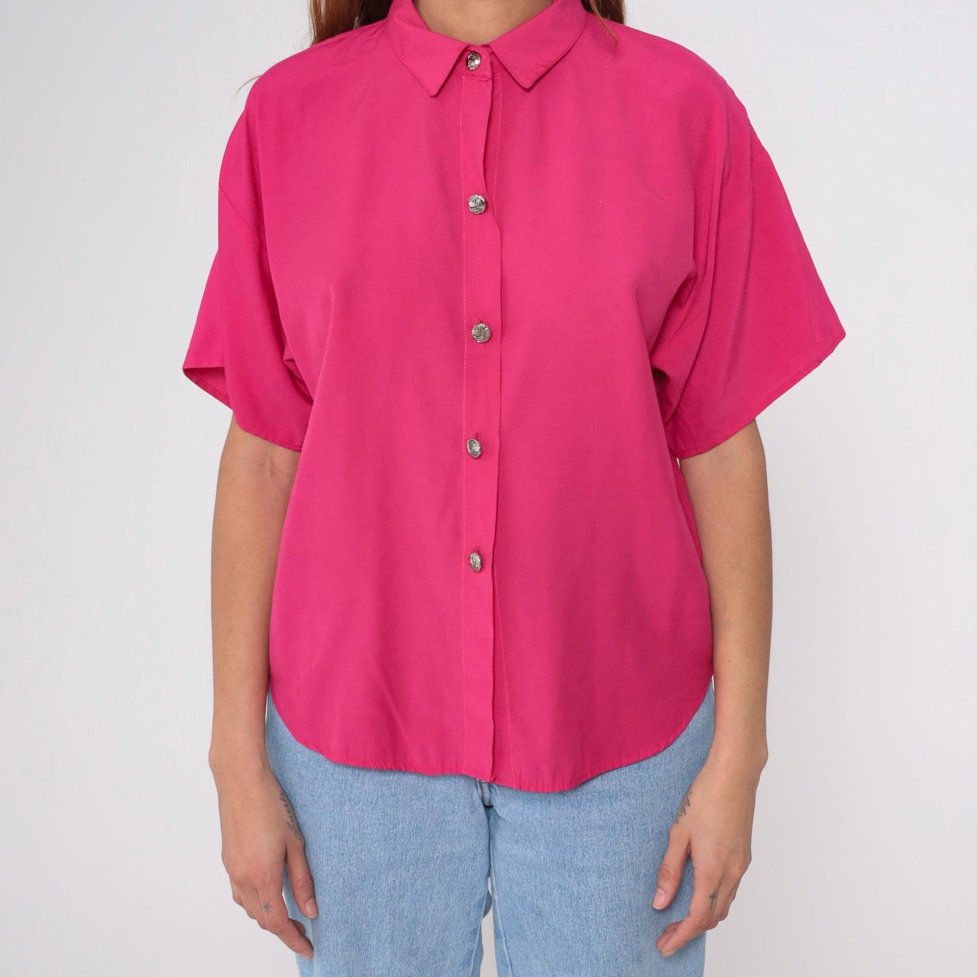 90s La Fever Hot Pink Button Up Blouse Silver Buttons Short Sleeve Medium M