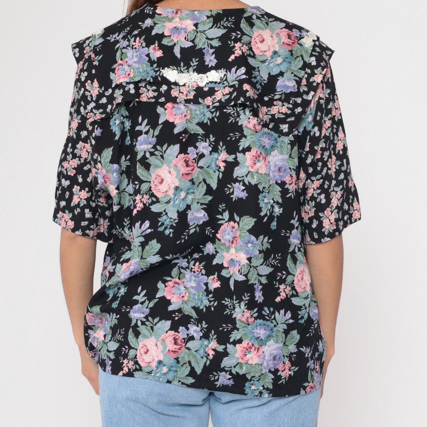 90s Liz Baker Floral Button Up Blouse Black Rayon Pink Purple Flowers Lace Collar Plus Size 20