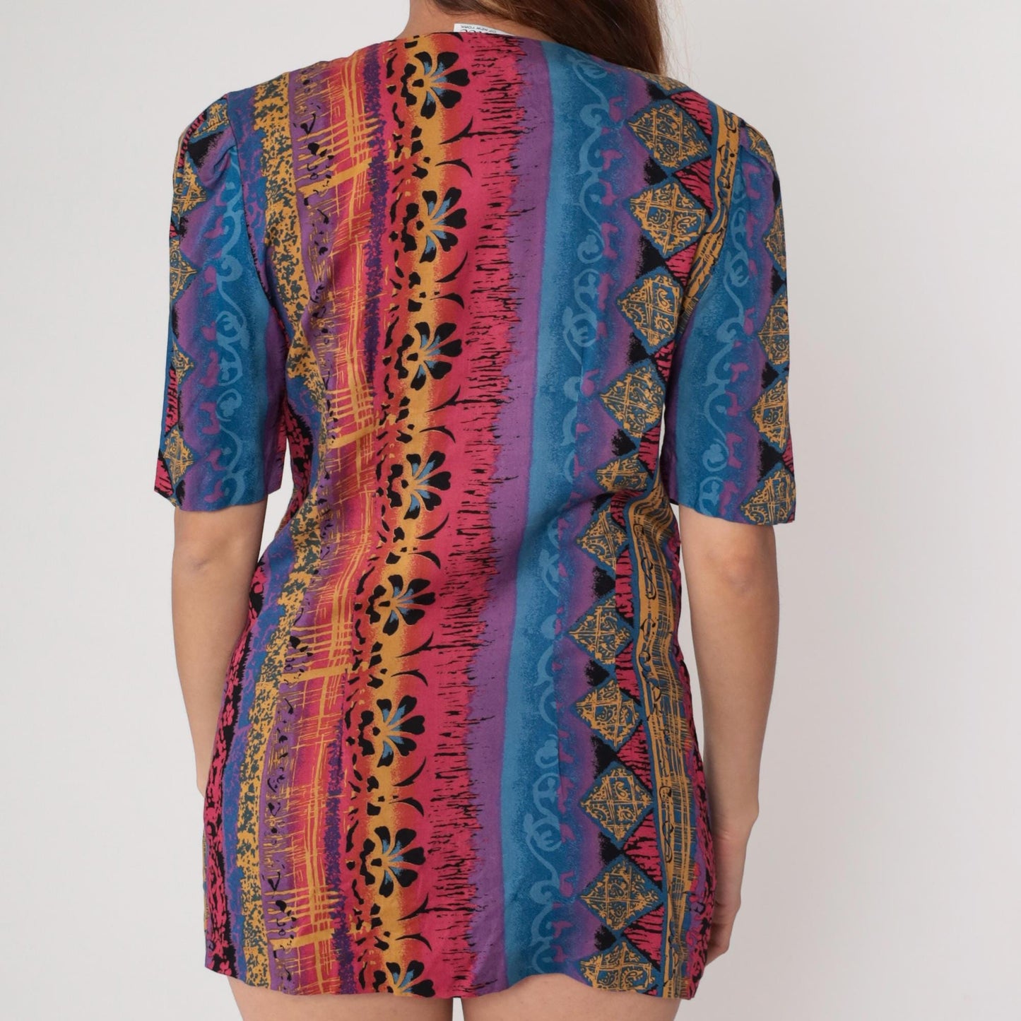 90s Tribal Geometric Mini Dress Blue Pink Gold Button Front Short Sleeve Medium