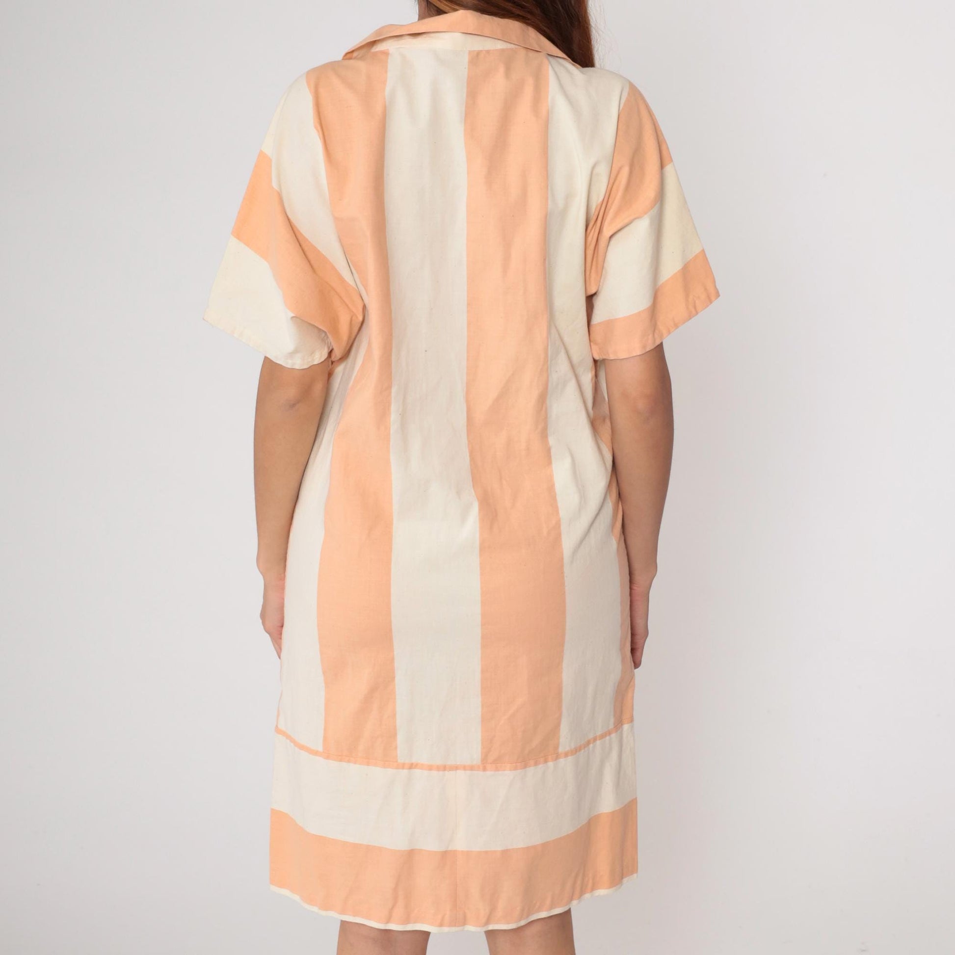 80s Peach Cream Striped Shirt Dress Button Front Collar Cotton Medium
